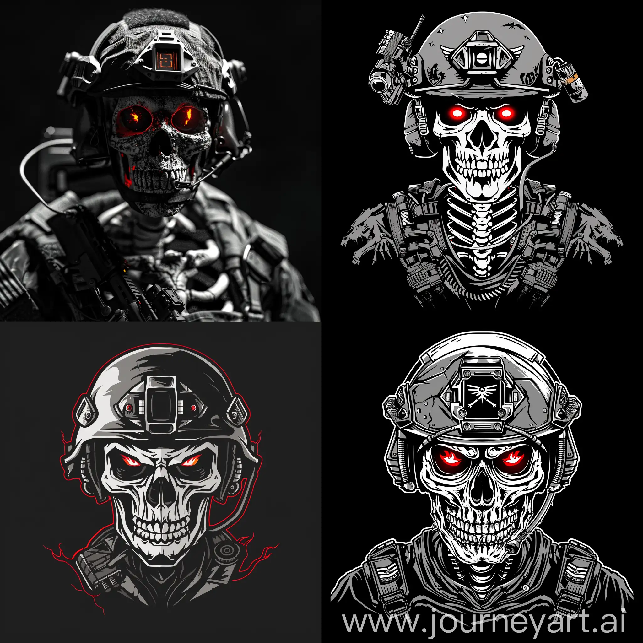 5 undead soldier look like a skeleton with modern military equipment, logo, burning red eyes, modern military helmet, black and white, black background