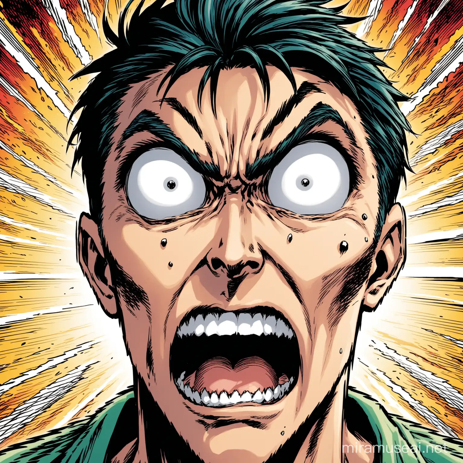 Close-up of a man’s horrified face drawn in comic book form