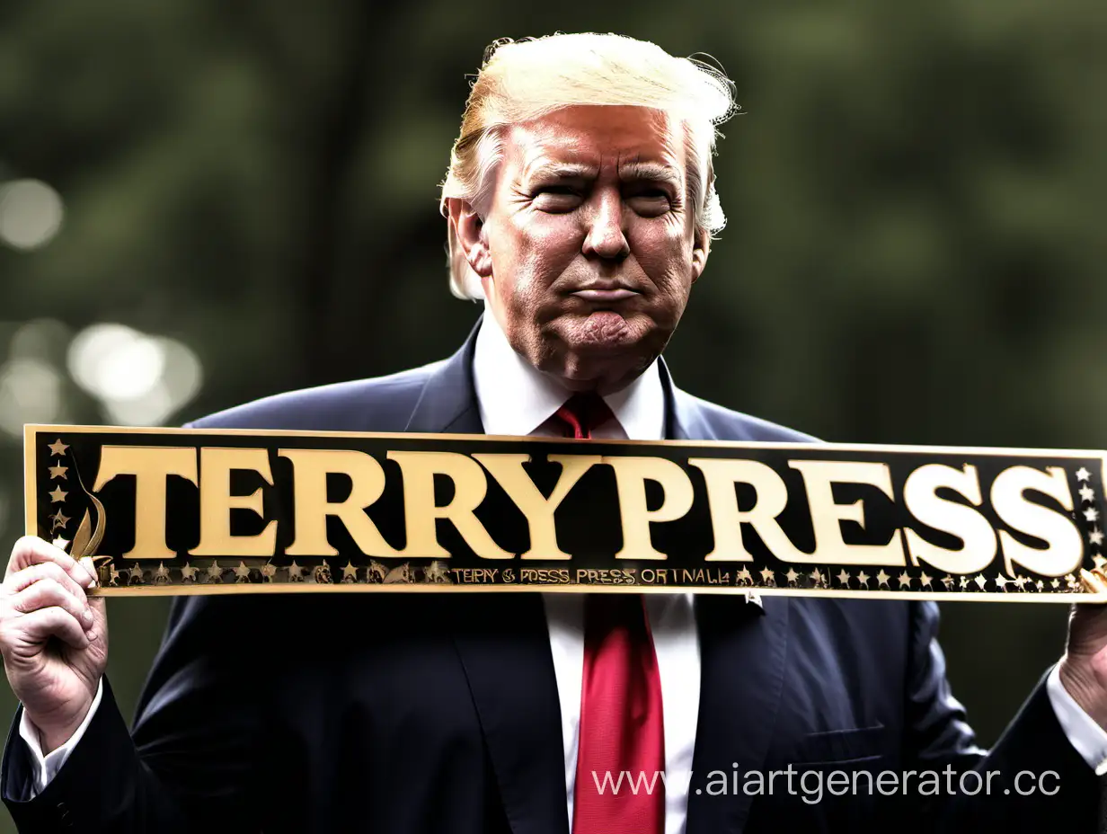 trump holding a long sign with a fancy golden logo with "terry press" written on it