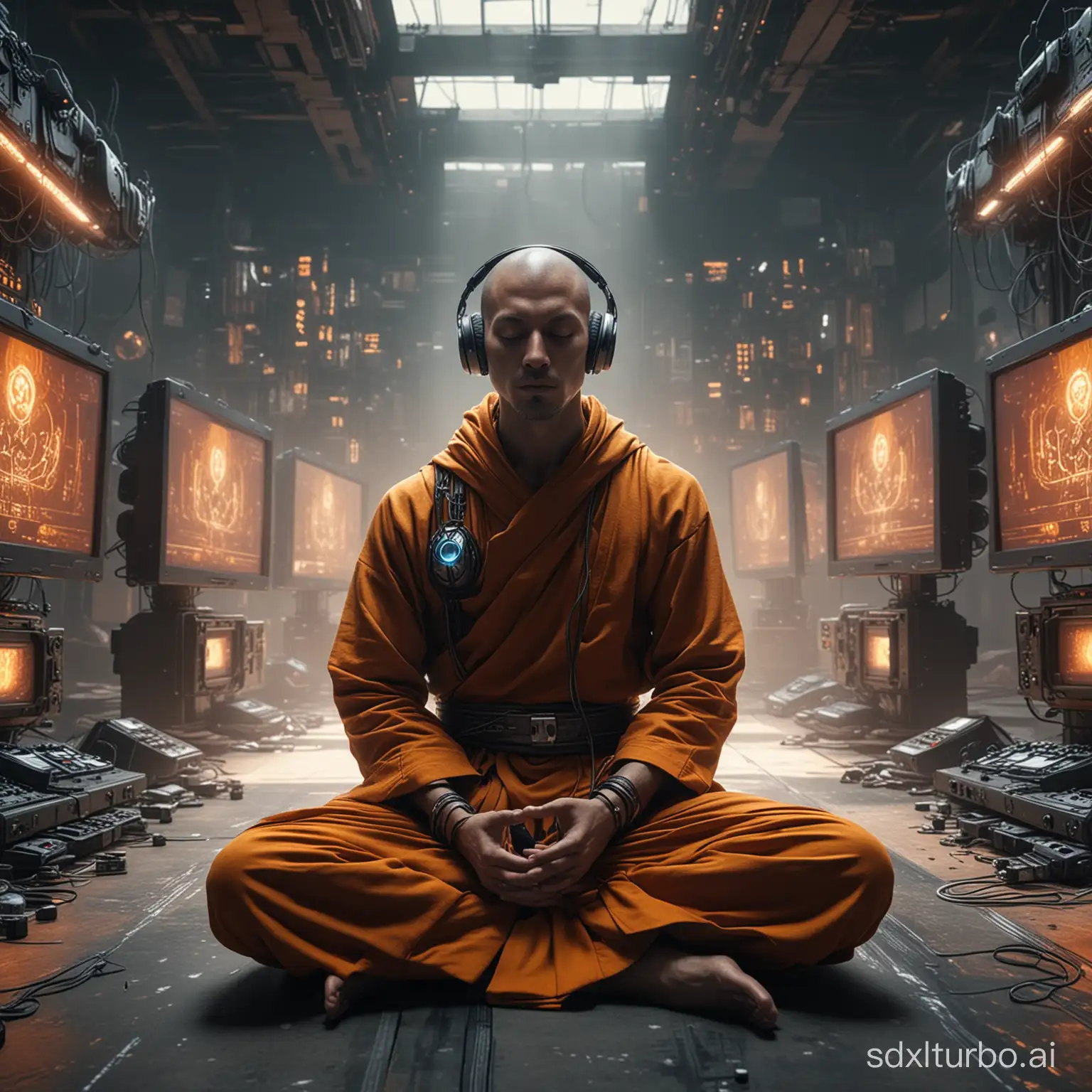 a monk in meditation, he is half human, listens to music on headphones, half robot, he is in meditative position, flying, cybernetic, cyberpunk, multiple monitors around ultraquality, 8k, Shot in a EOS 5d Max f2.5