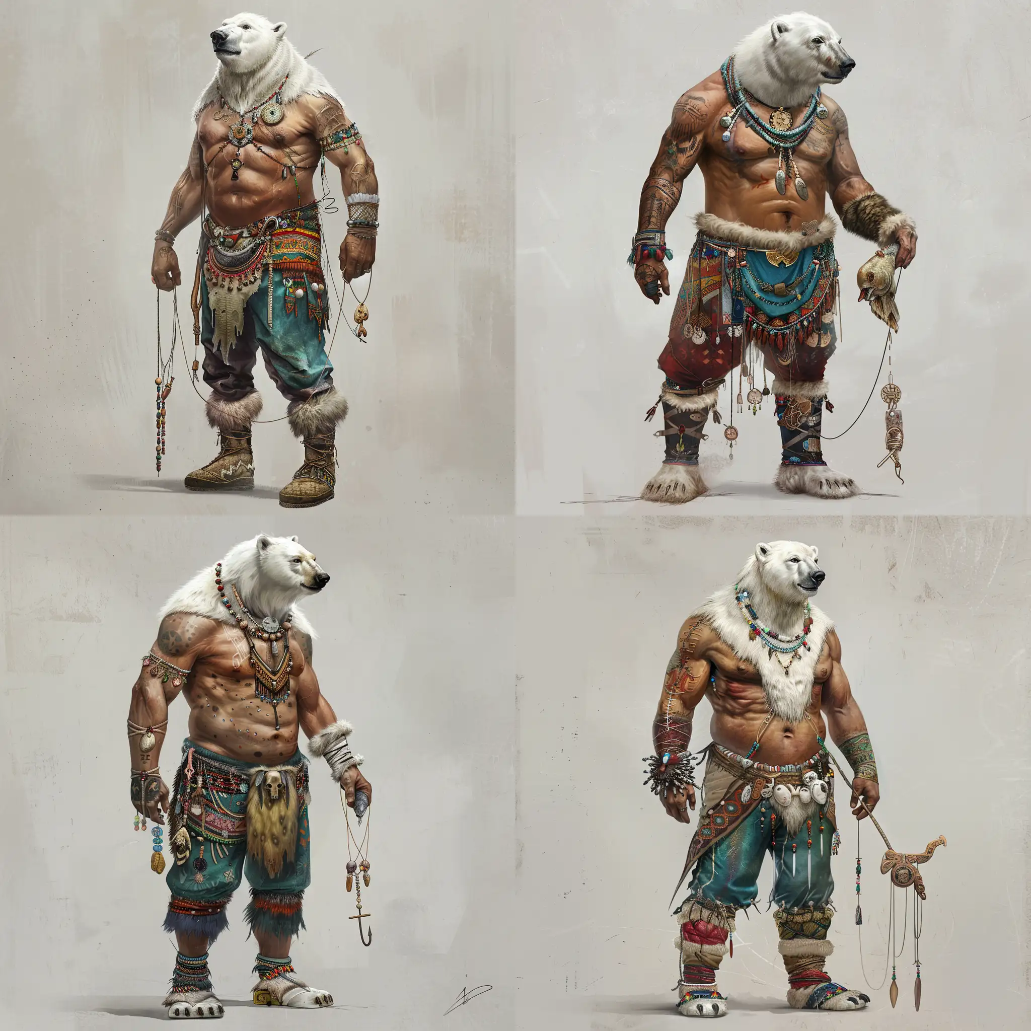 I need to generate an older, one-armed demigod. His head is that of a polar bear but a human body (no right arm). He is a lean but strong figure. He is an amputee missing his right arm. He wears traditional Inuit pants and boots with lots of traditional details and charms, with a shaman aesthetic. He carries a string with a hand-carved fish-hook on it. There is an intensity and a confidence in his posture. Concept art style.