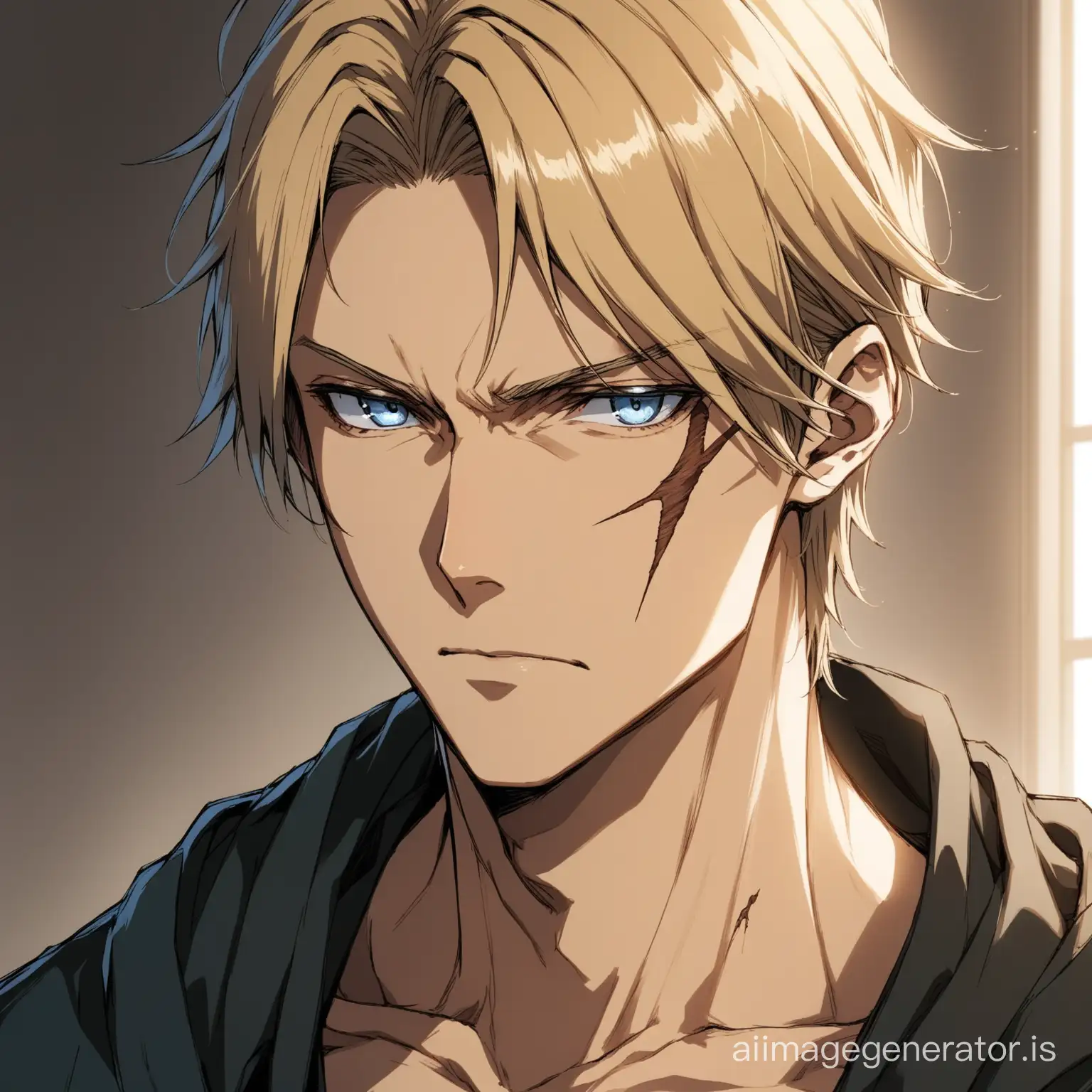 Anime, man, portrait, black worn clothes, unloading, slightly visible cheekbones, blond, Russian, grey-blue eyes, a one long scar goes from the mouth