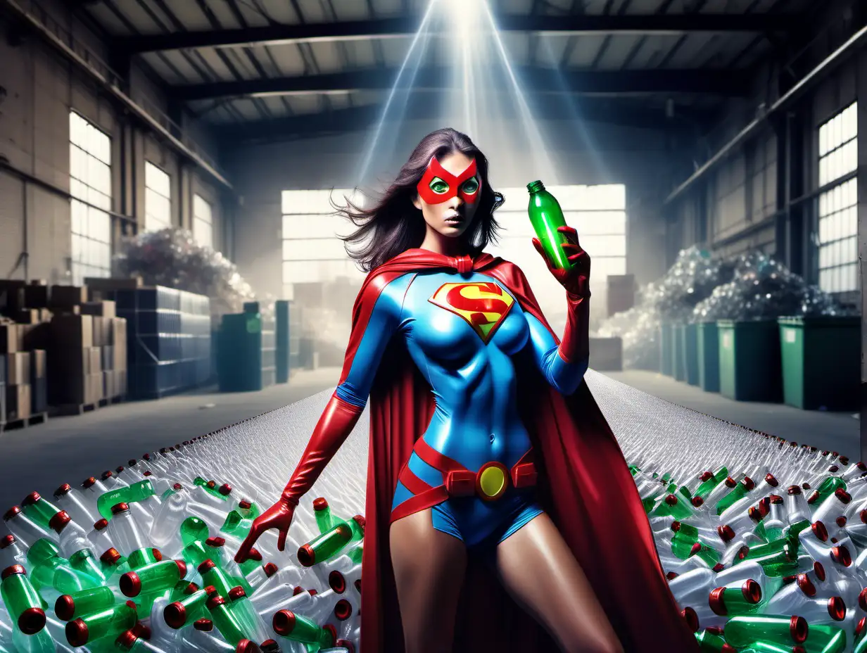 female superhero with laser beams coming from her eyes, inside a large factory, with lots of empty plastic bottles and containers. A big sign on the factory wall which says "Plastics recycling facility"