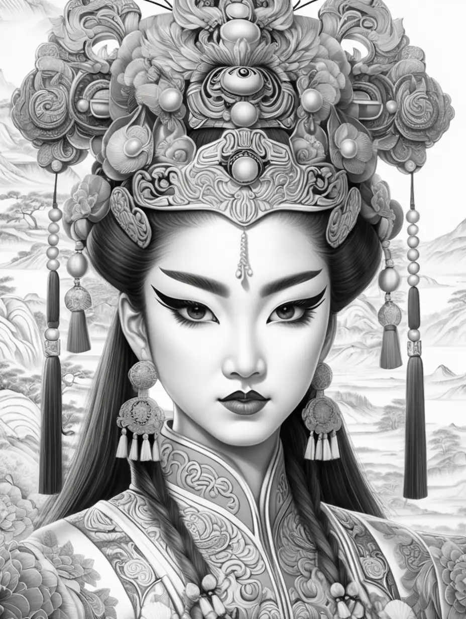 adult coloring book, black and white, best linework, high details, no color. 3D illustrated portait of Beijing opera makeup on girl wearing elaborate Beijing opera costume.