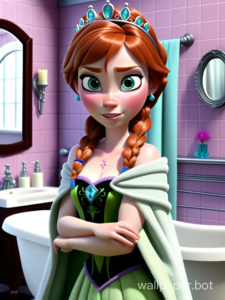 Princess anna is in an upscale bathroom.
She is wearing a bathtowel