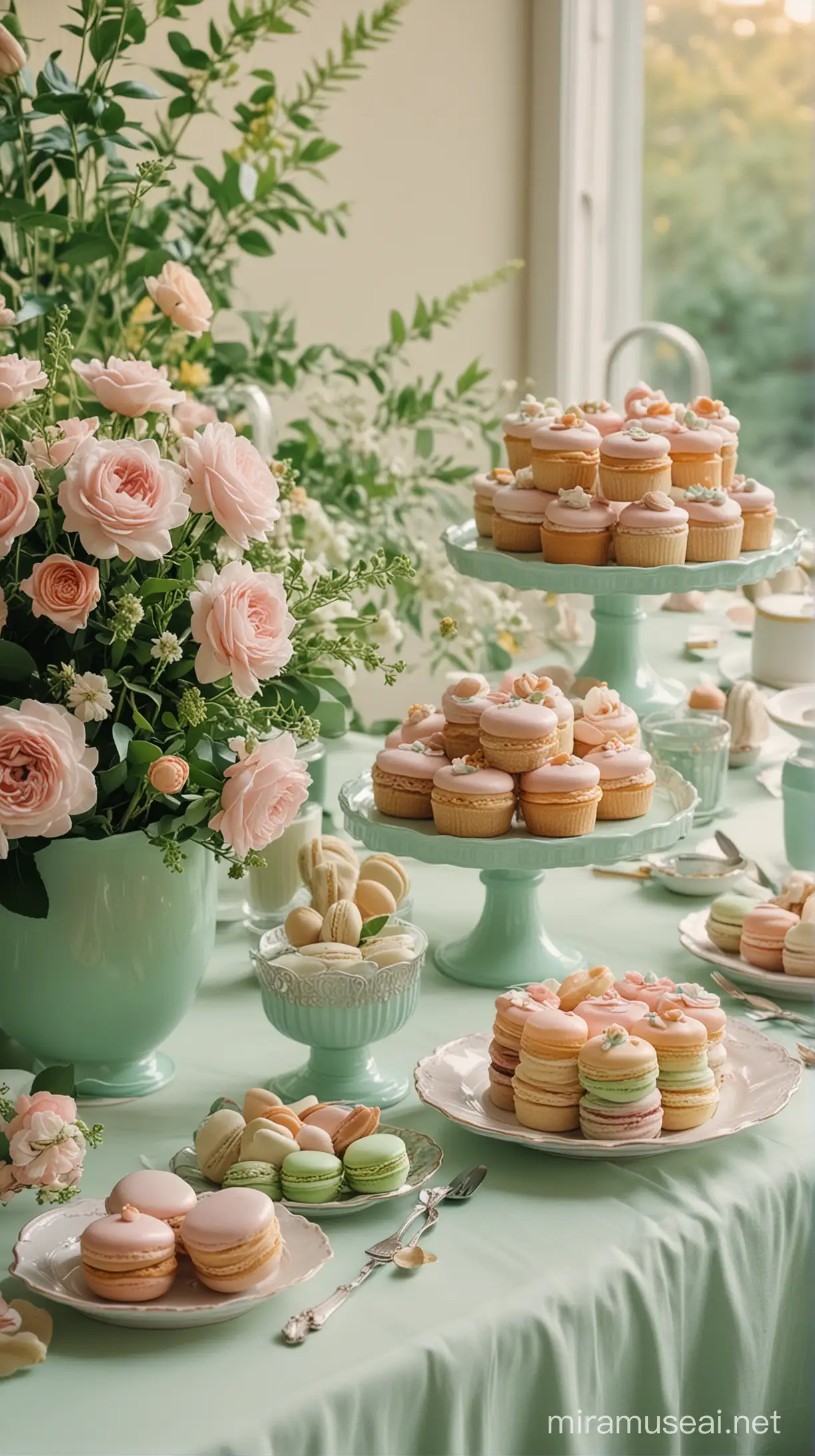 Enchanting Retro Green Table with Pastel Cakes and Flowers Thea Party