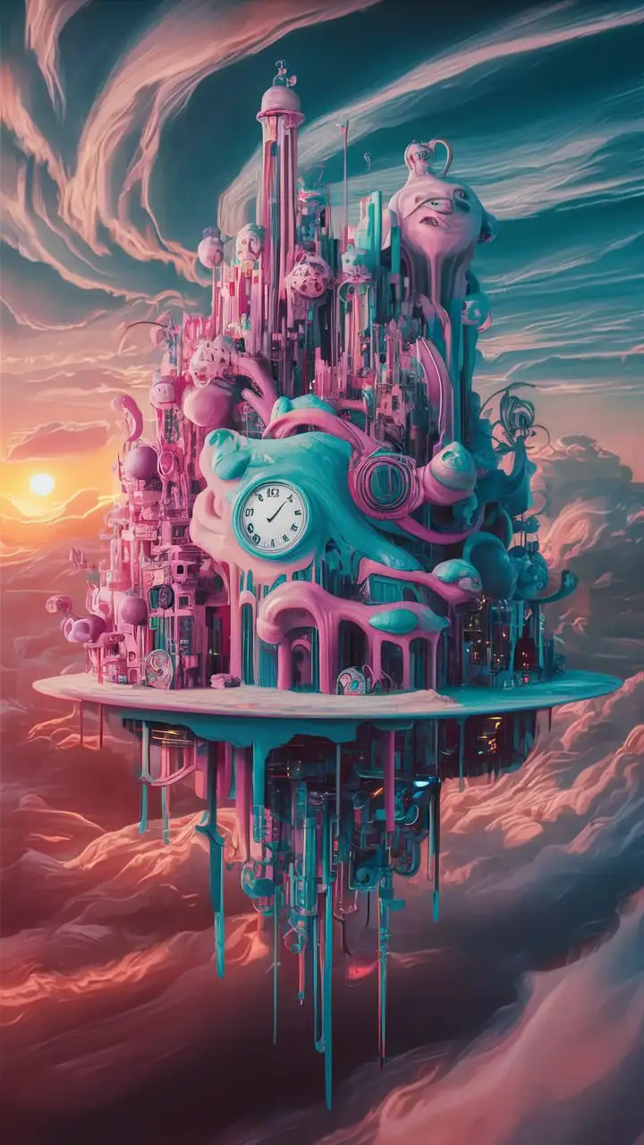 a mystical image, like a painting in the style of salvador dali, of a magical city, with intense colors and HD