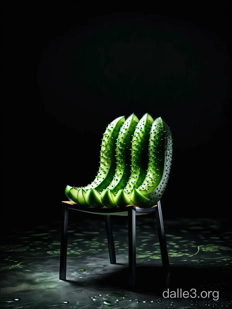 A chair in the shape of a clean cut green cucumber, on a dark background, professional photo, contrasting, realistic