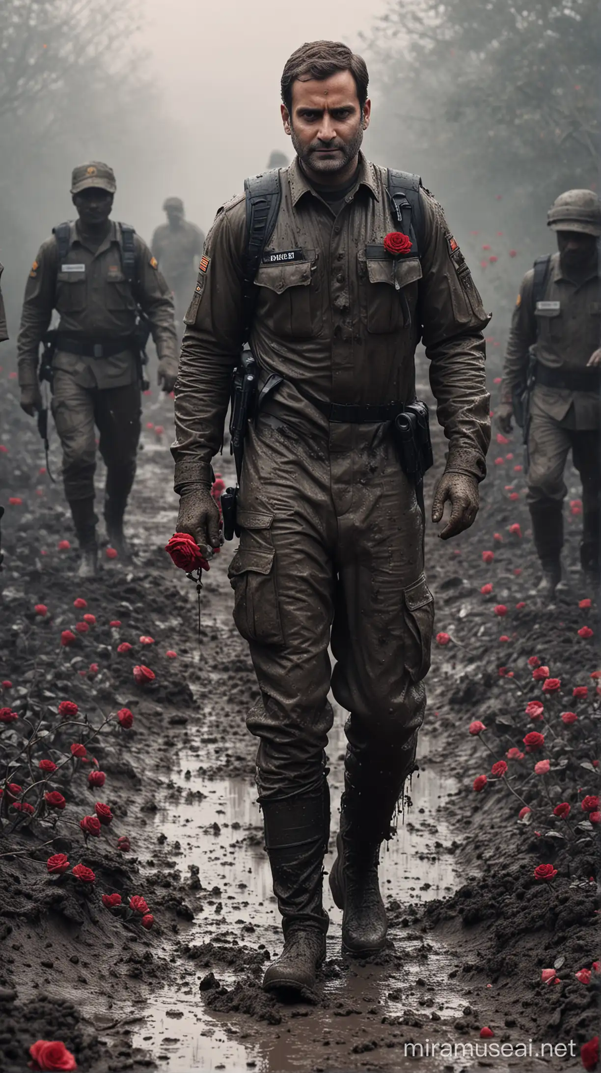 Thermal Camera effect, Rahul Gandhi emerges from the mud with an roses, hyper realistic, cinematic shot, 40k, dark atmosphere, fog, military outfit, His body covered in mud