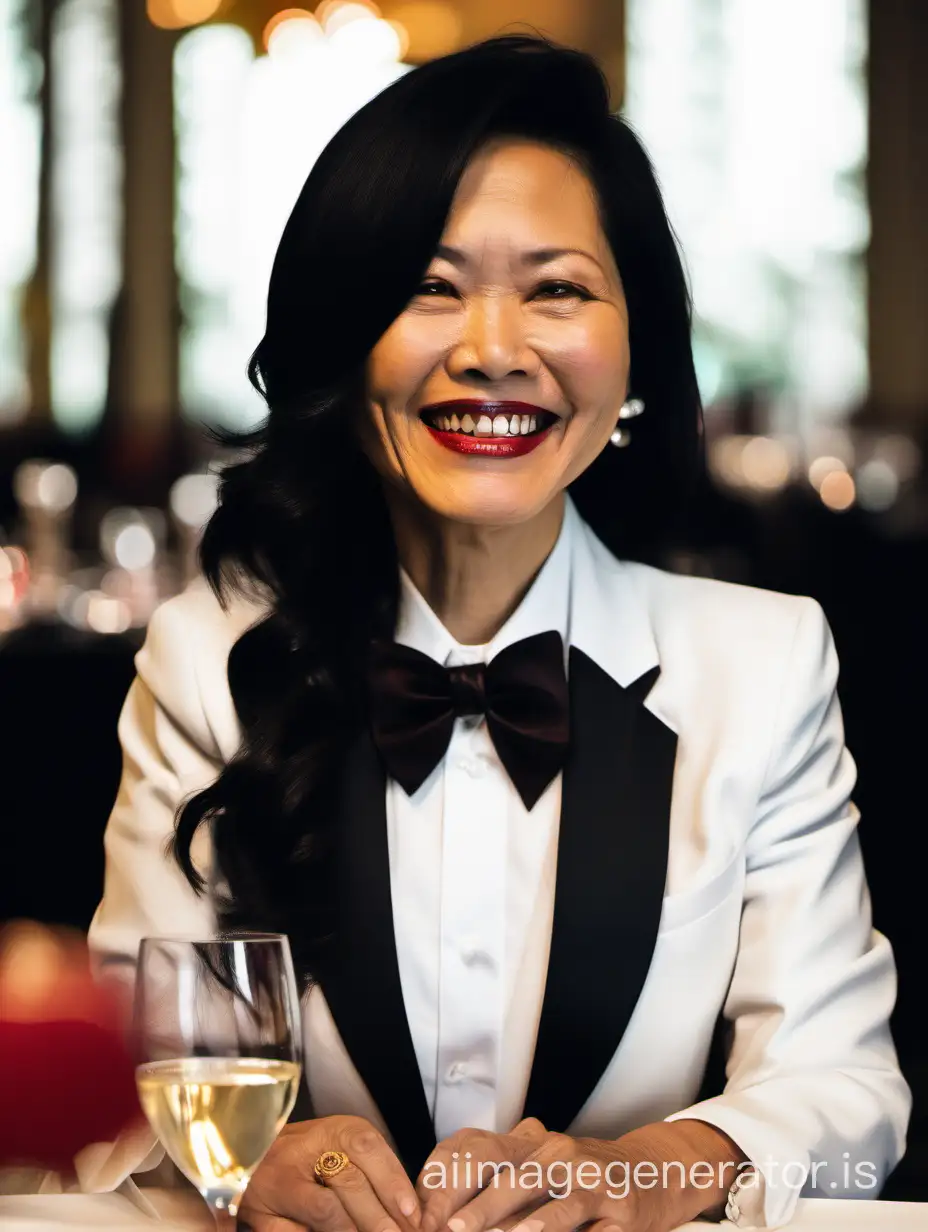 Chic-Vietnamese-Woman-in-Elegant-Black-Tuxedo-at-Dinner-Table-Smiling