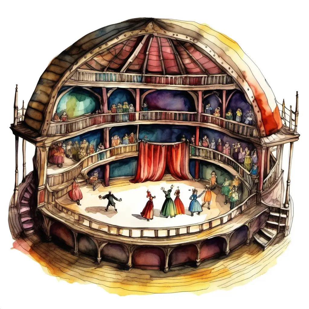 Shakespearean show magic colours opera buffa in to the wood globe theatre
design style watercolor childhood drawing
