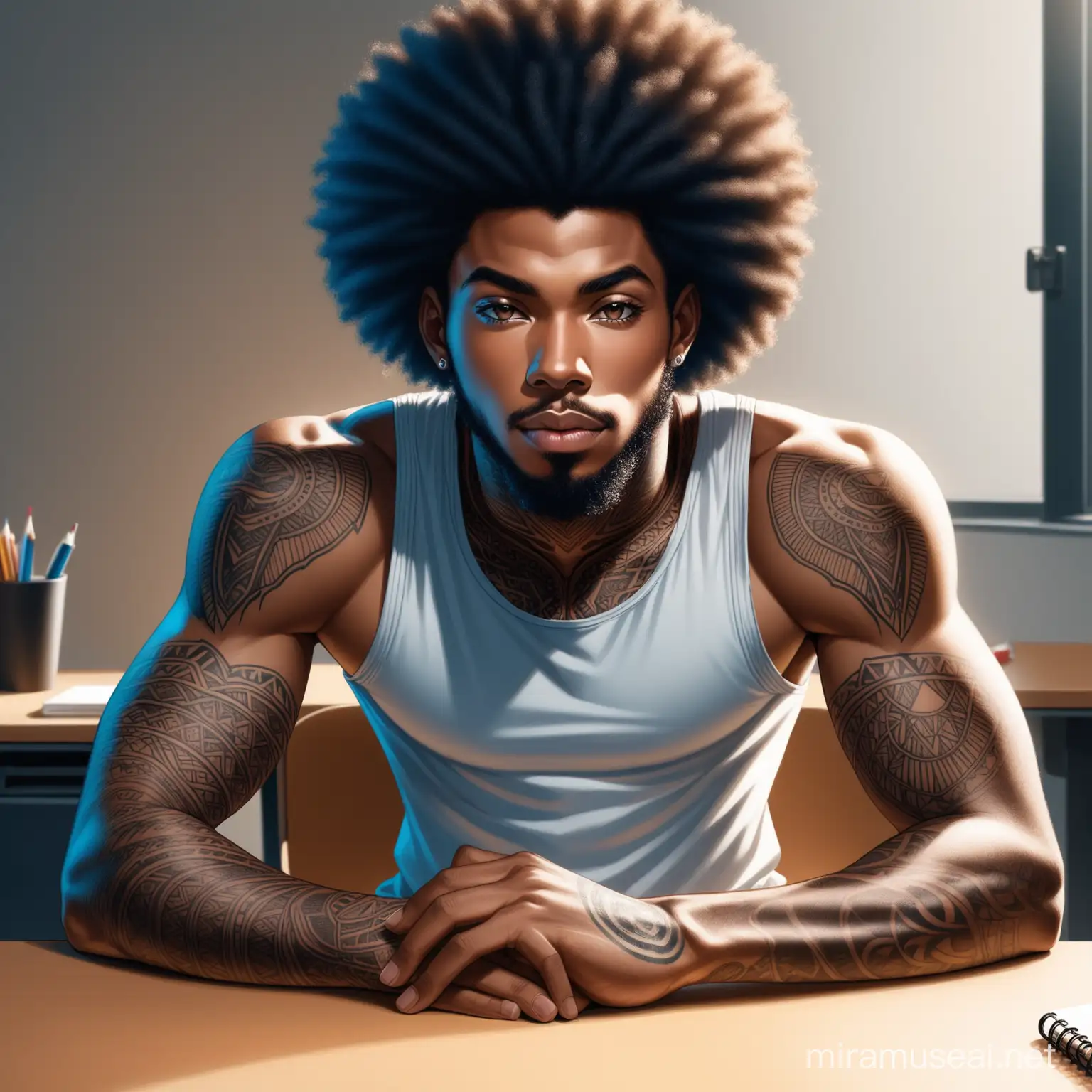 Create a hyper realistic slim African American man with Afro and tattoos wear a white tank top wearing blue jogging pants sitting at a desk facing forward 