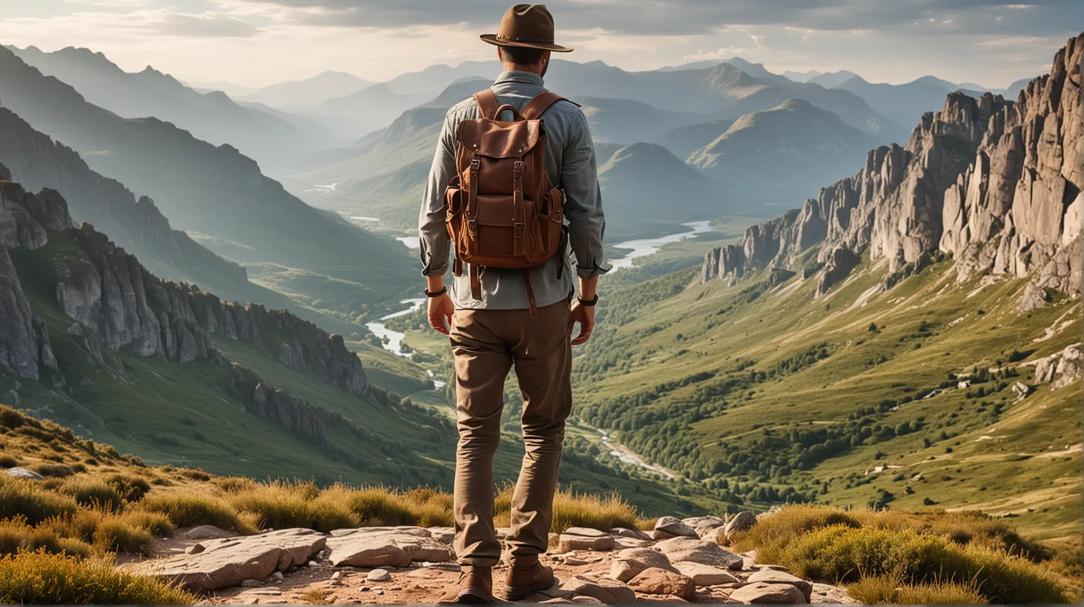 image of hiker with genuine leather belt, beautiful scenery