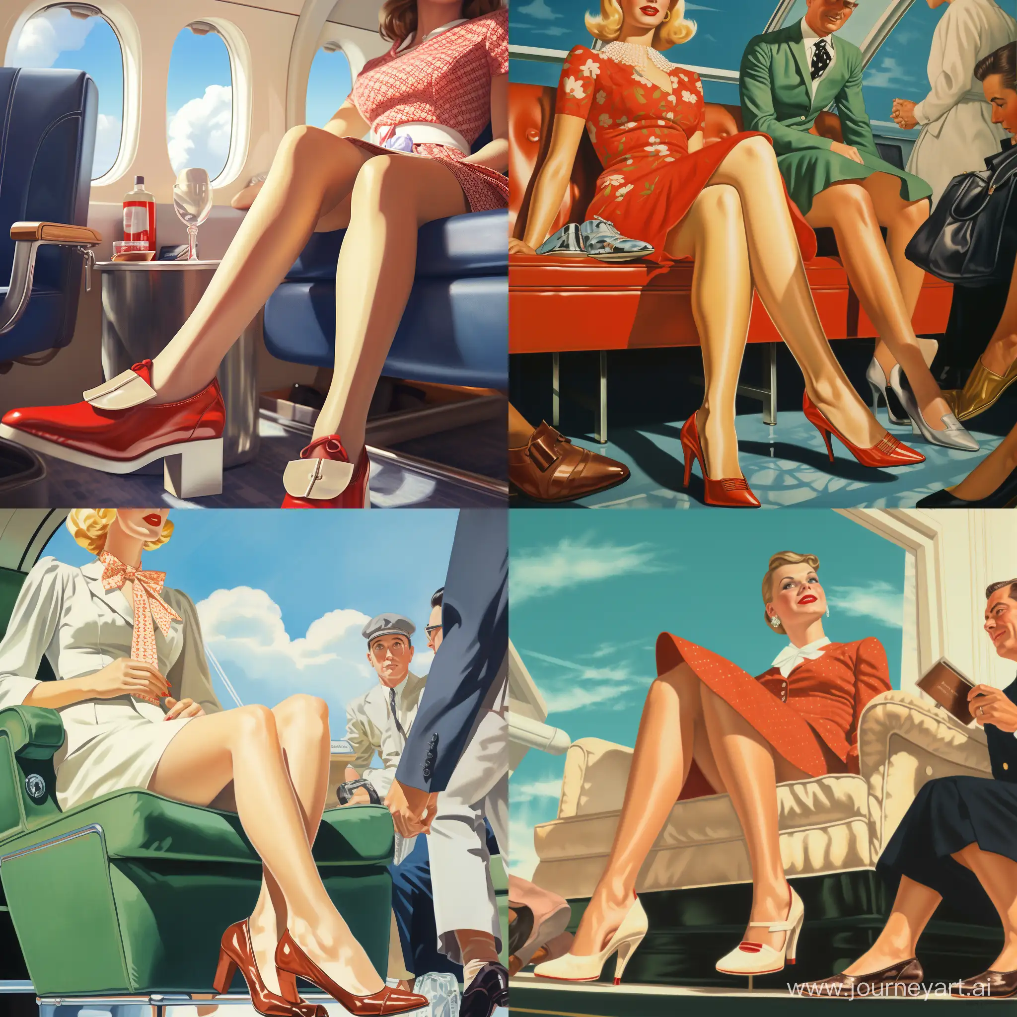 close up of the feet of a stylishly dressed woman wearing patent platform pumps sitting on an airliner in first class while tiny female flight attendants at her feet polish her shoes.