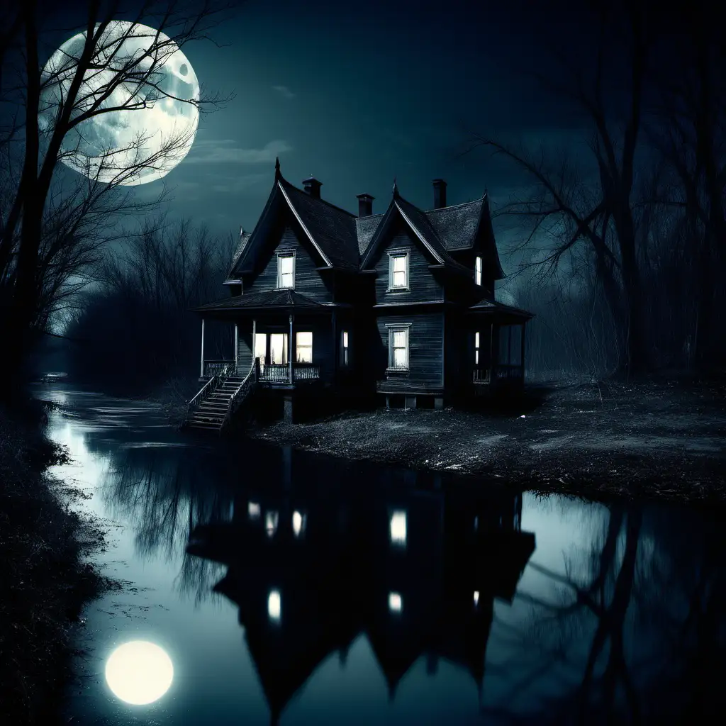 Mysterious Riverside Mansion Illuminated by Moonlight