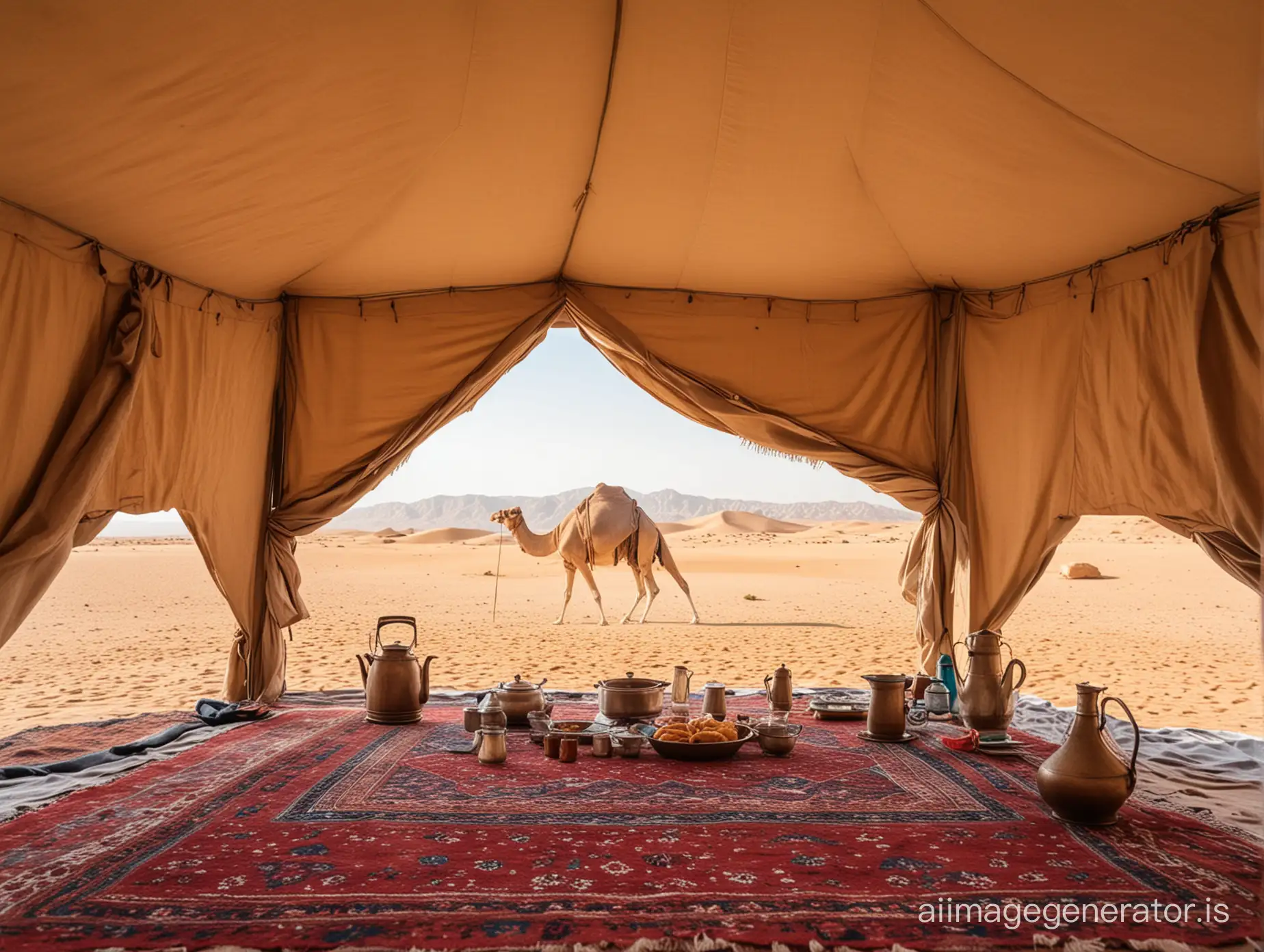 a desert inside paradise ramazan kareem islamic month morning lunch time with a beautiful old tent with no design and camel
