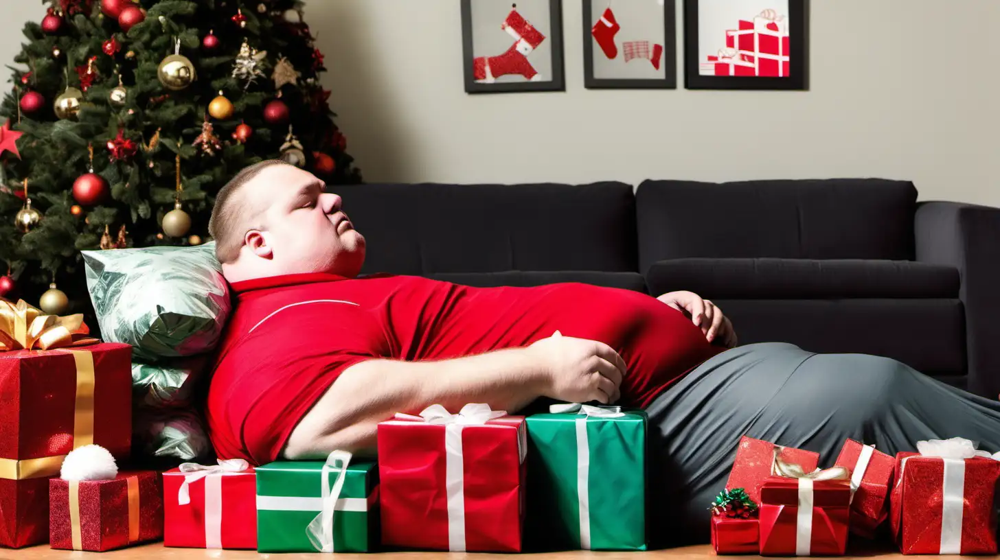An image of an overweight man sleeping in workout clothes, surrounded by Christmas presents