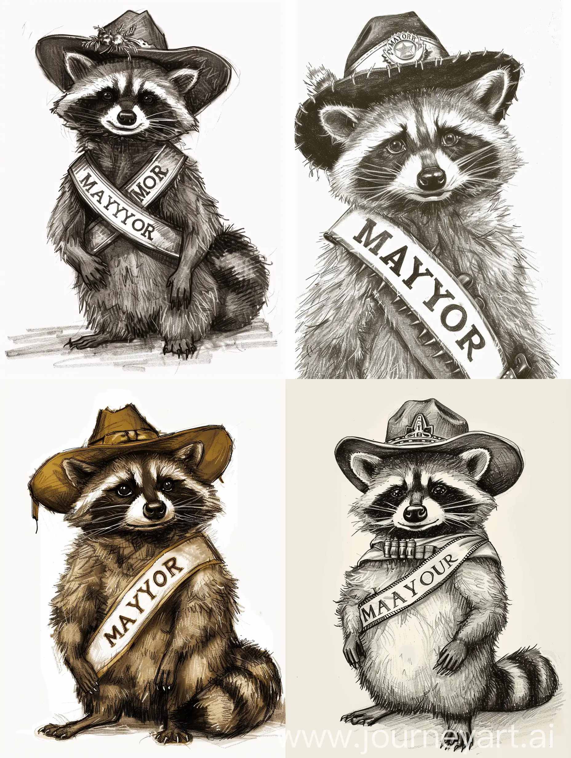 A dignified raccoon character wearing a western-style hat and a sash that says "MAYOR", with an innocent expression, posing for a promo poster. The raccoon should be cartoonish, anthropomorphic, and the drawing should have a amateur style. It should be an isolated hand-drawn sketch on a stark white background.