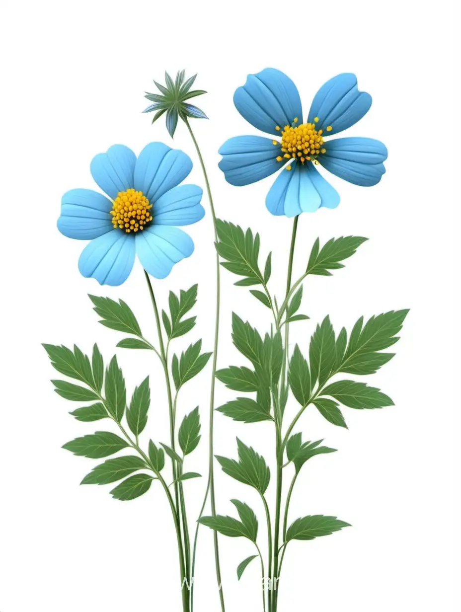light blue BIG wildflower 3 plants lines art, simple, herb, Unique floral, botanical ,grow in cluster, 4K, high quality, white background,