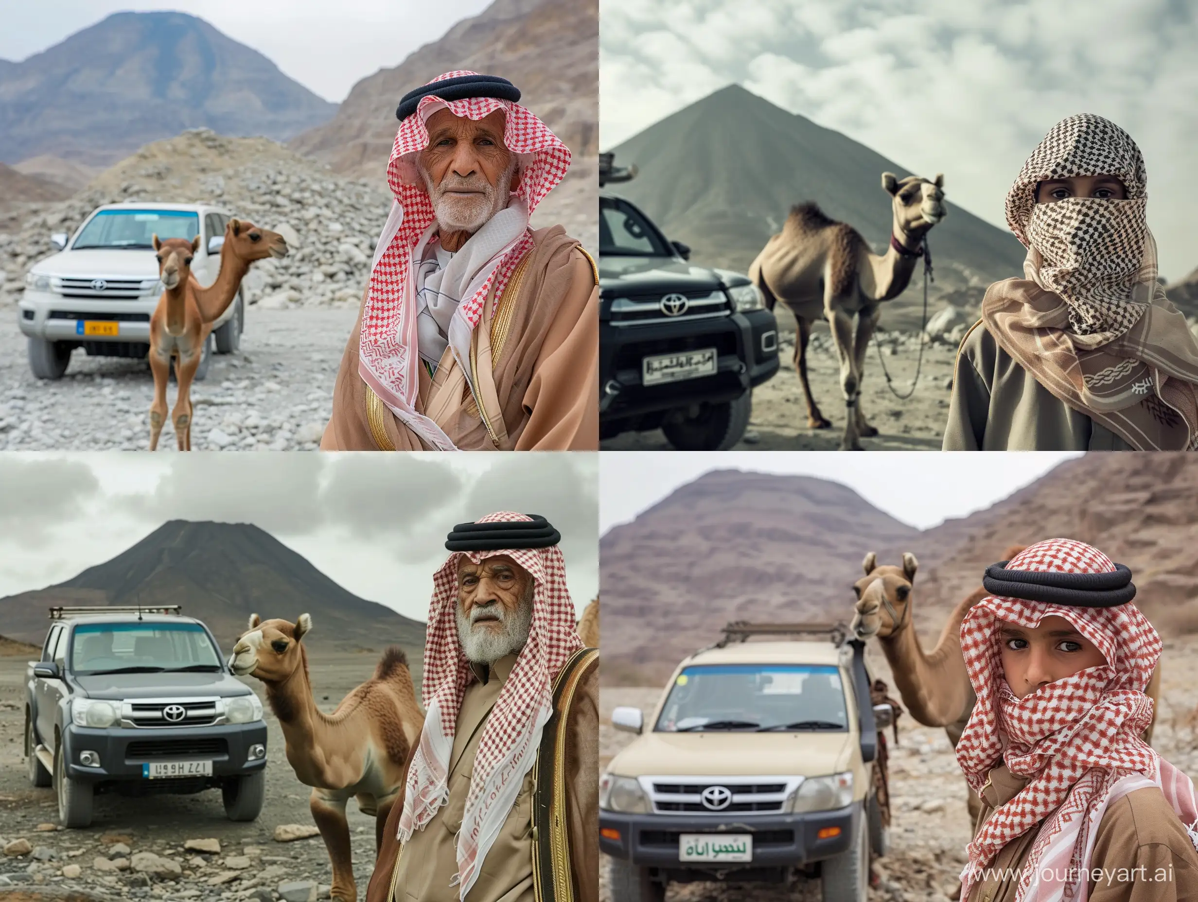 Saudi-Boy-and-Elderly-Man-Amidst-Camels-and-Dormant-Volcanoes