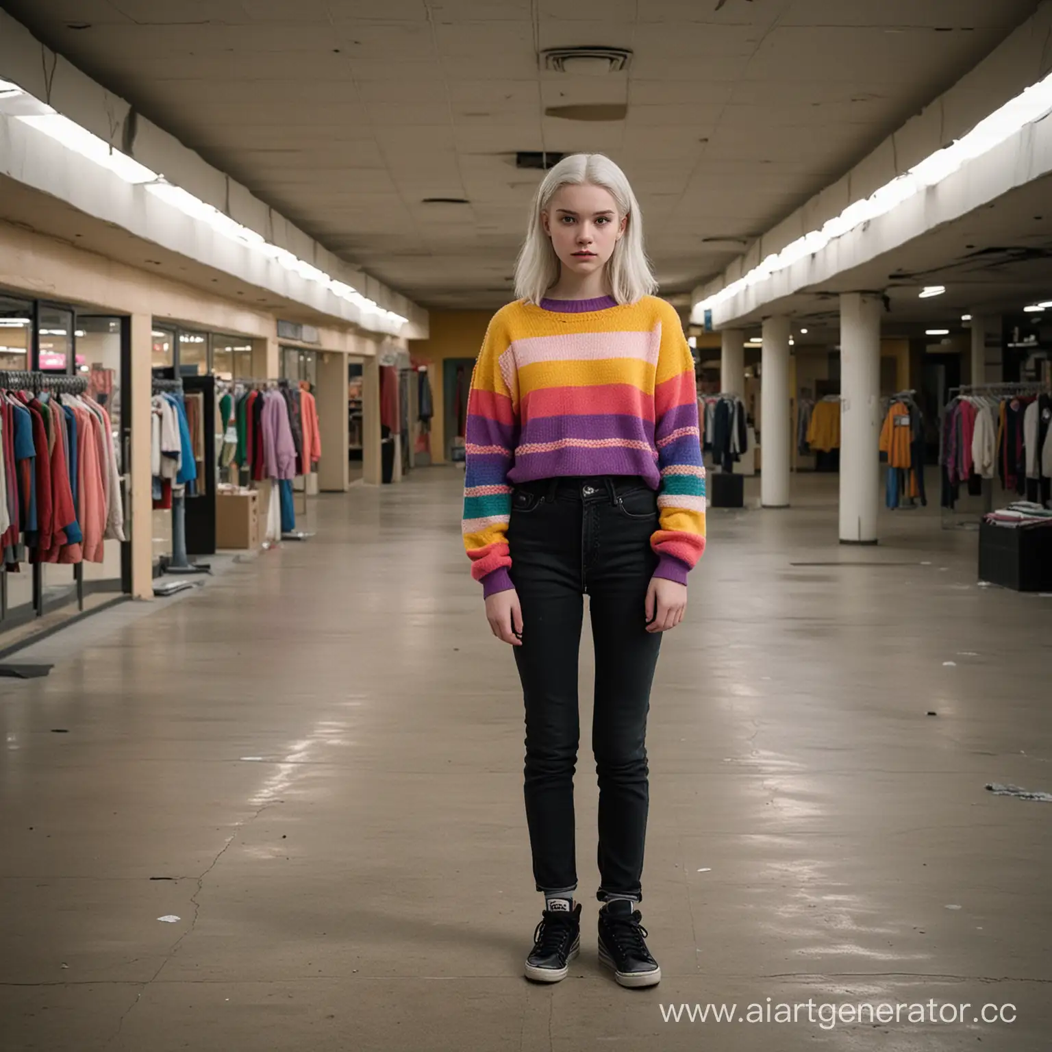 Teen-SilverHaired-Girl-in-Abandoned-Shopping-Center-with-Bright-Stranger-Things-Aesthetic