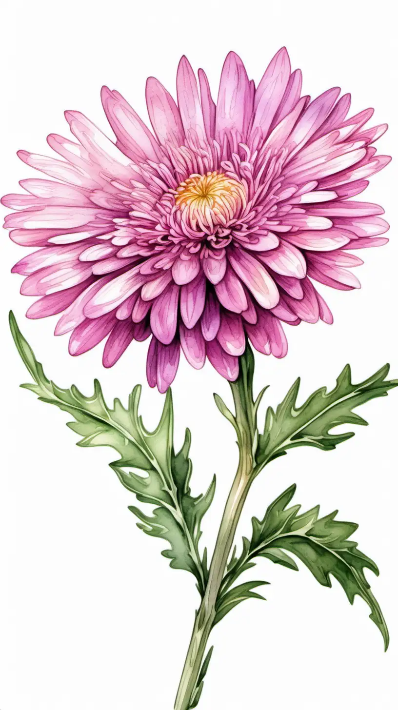pink single aster flower with long stem in and detailed petals in white background in watercolor pseudo style, leaning to the left, vibrant 
