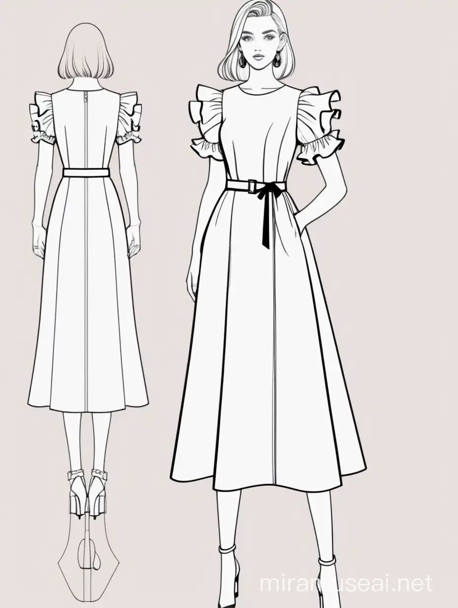 A technical design of a midi dress with ruffled sleeves and a a round hem with a waist belt and a sweetheart neck 