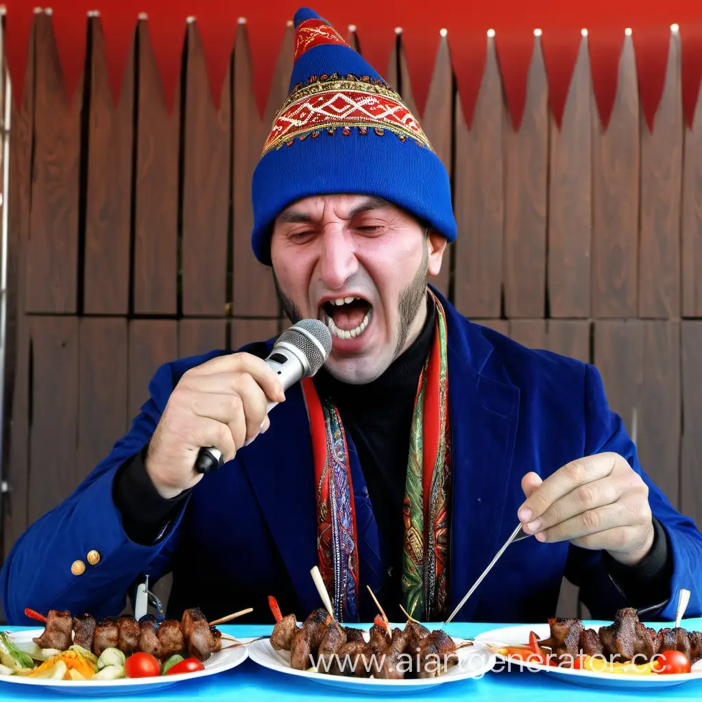 Шоумен- кавказец ест шашлык микрофоном
