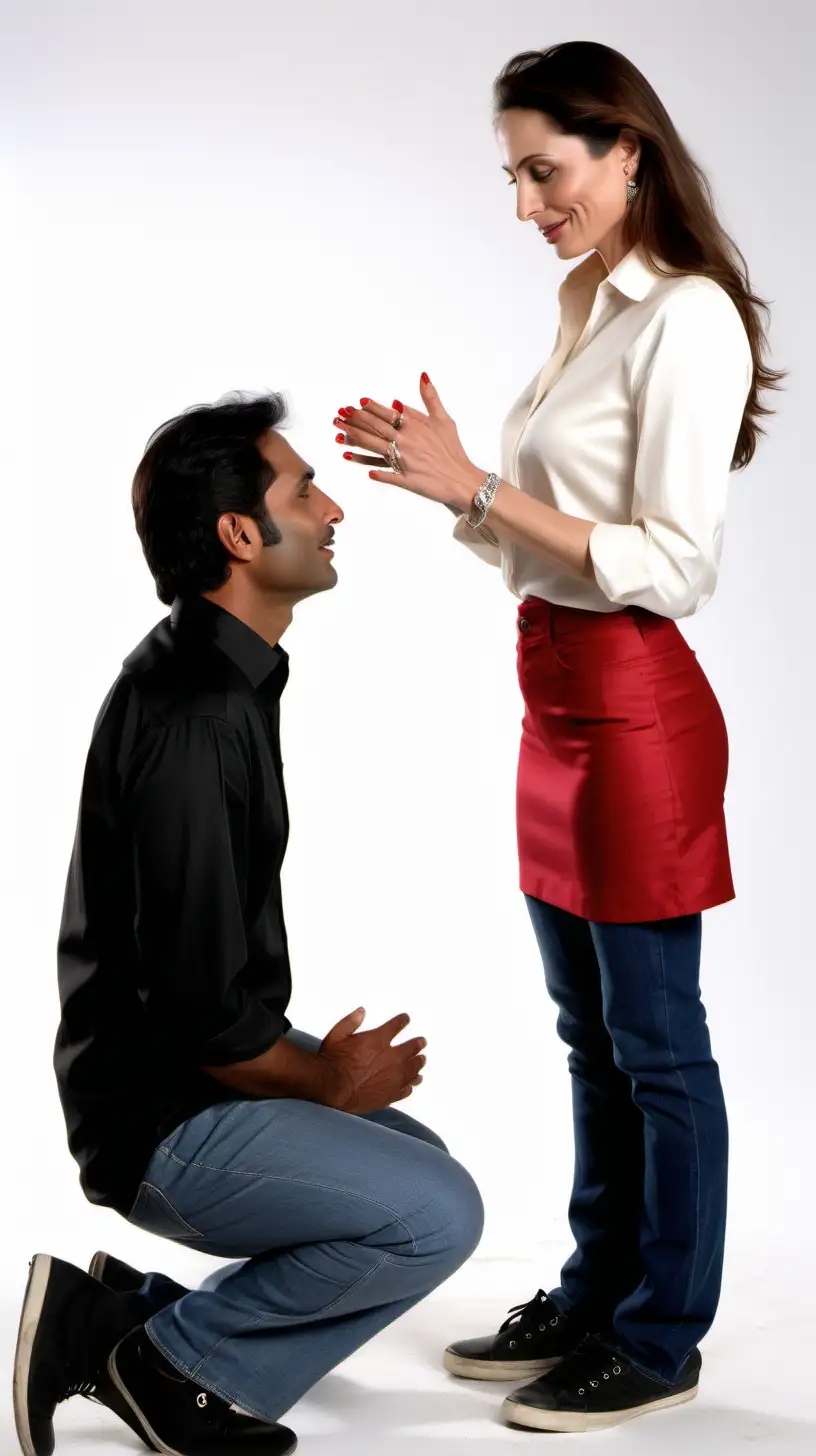 Indian man from the Andes black cotton shirt and jeans and black sneakersone knee on the ground makes his marriage proposal Claire Forlani long hair long sleeved ivory stretch silky satin shirt blouse and red linen pencil short skirt, we see the woman from the front and the man from behind,  very brightly white background 