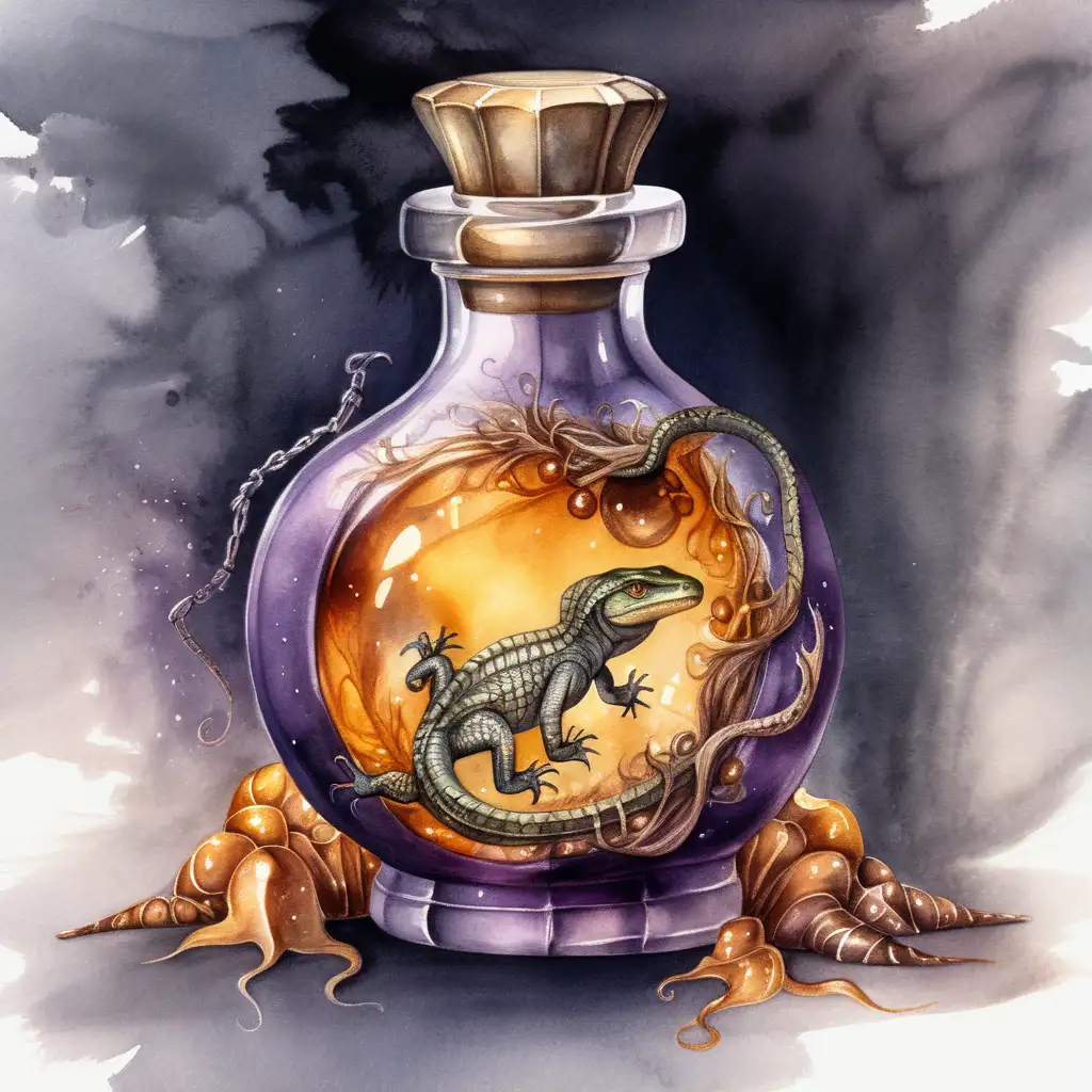 Enigmatic Fantasy Potion Bottle with Amber Liquid and Reptile Parts