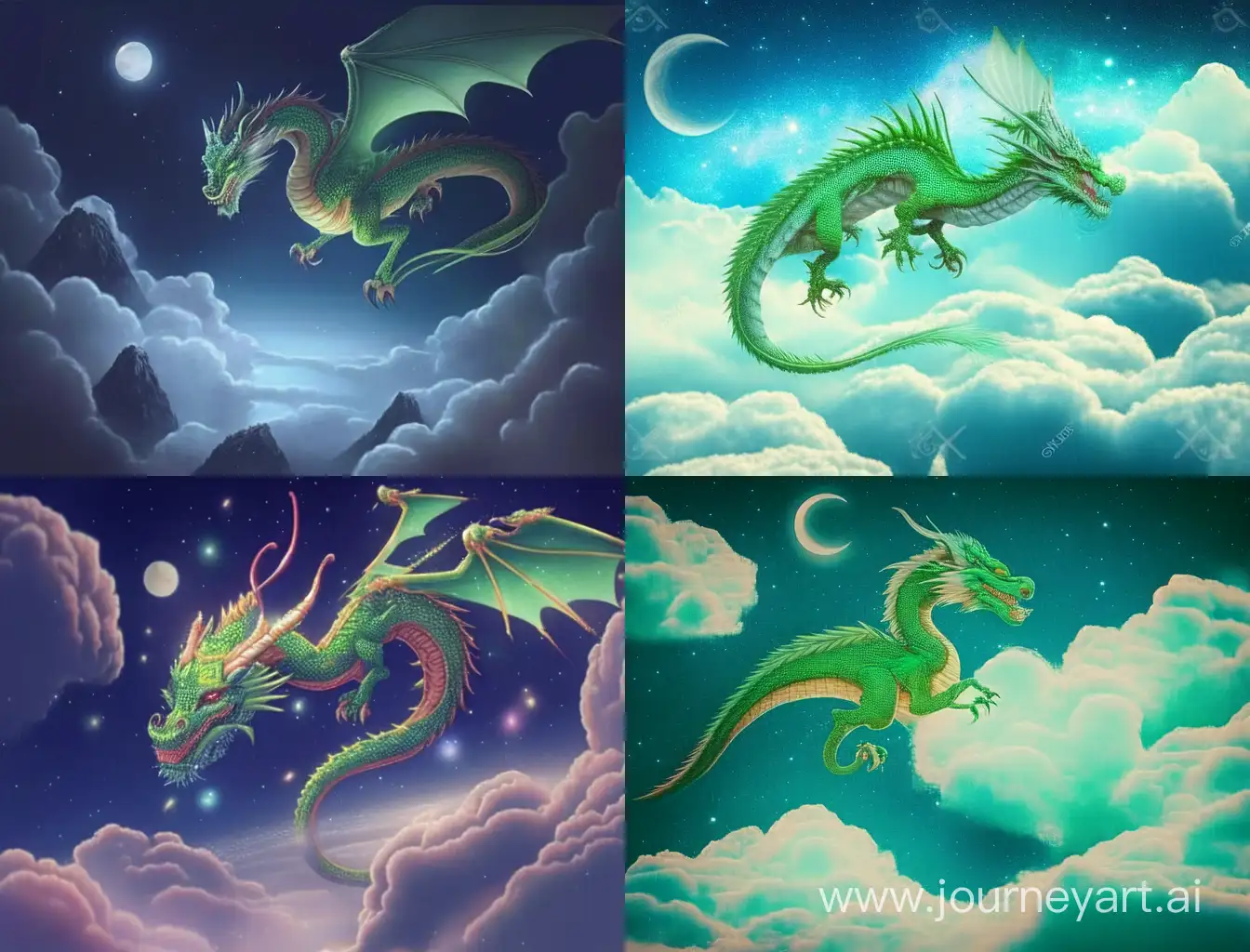 Зеленый китайский дракон летит над облаками, ночное небо, звезды, сказочно,  прекрасно, карандашный рисунок, реалистично, ярко, детальная прорисовка