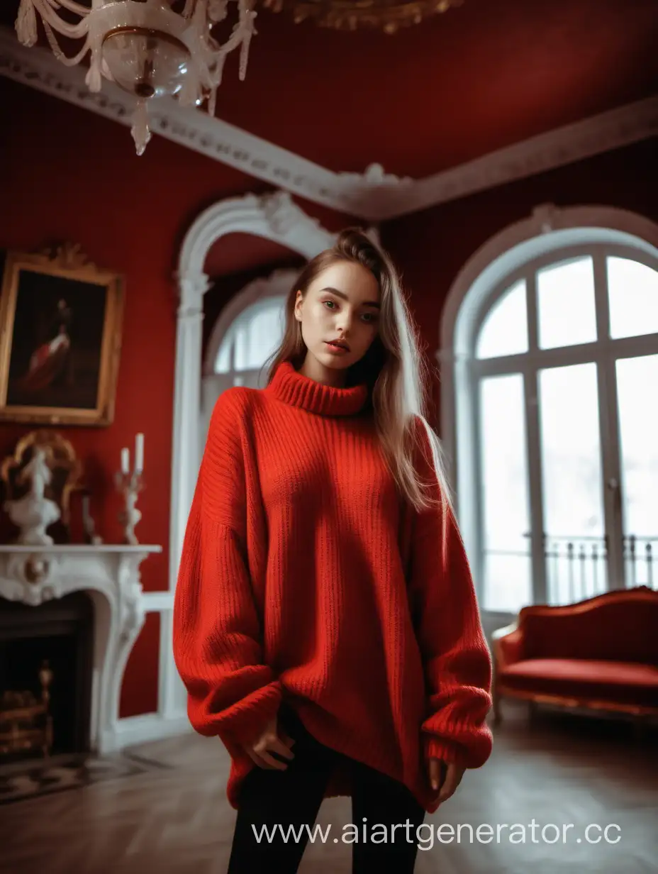 Cozy-Girl-in-Red-Oversized-Sweater-in-Luxurious-Royal-Interior