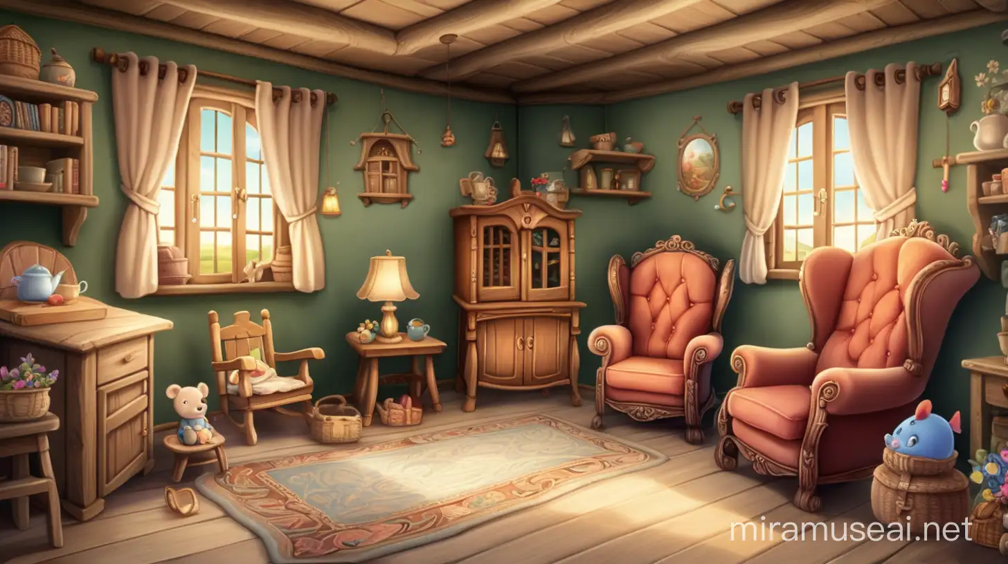 the interior room with one large chair, some room related things  , one medium chair and one small chair for a child of a small cozy cottage in fairytale story style