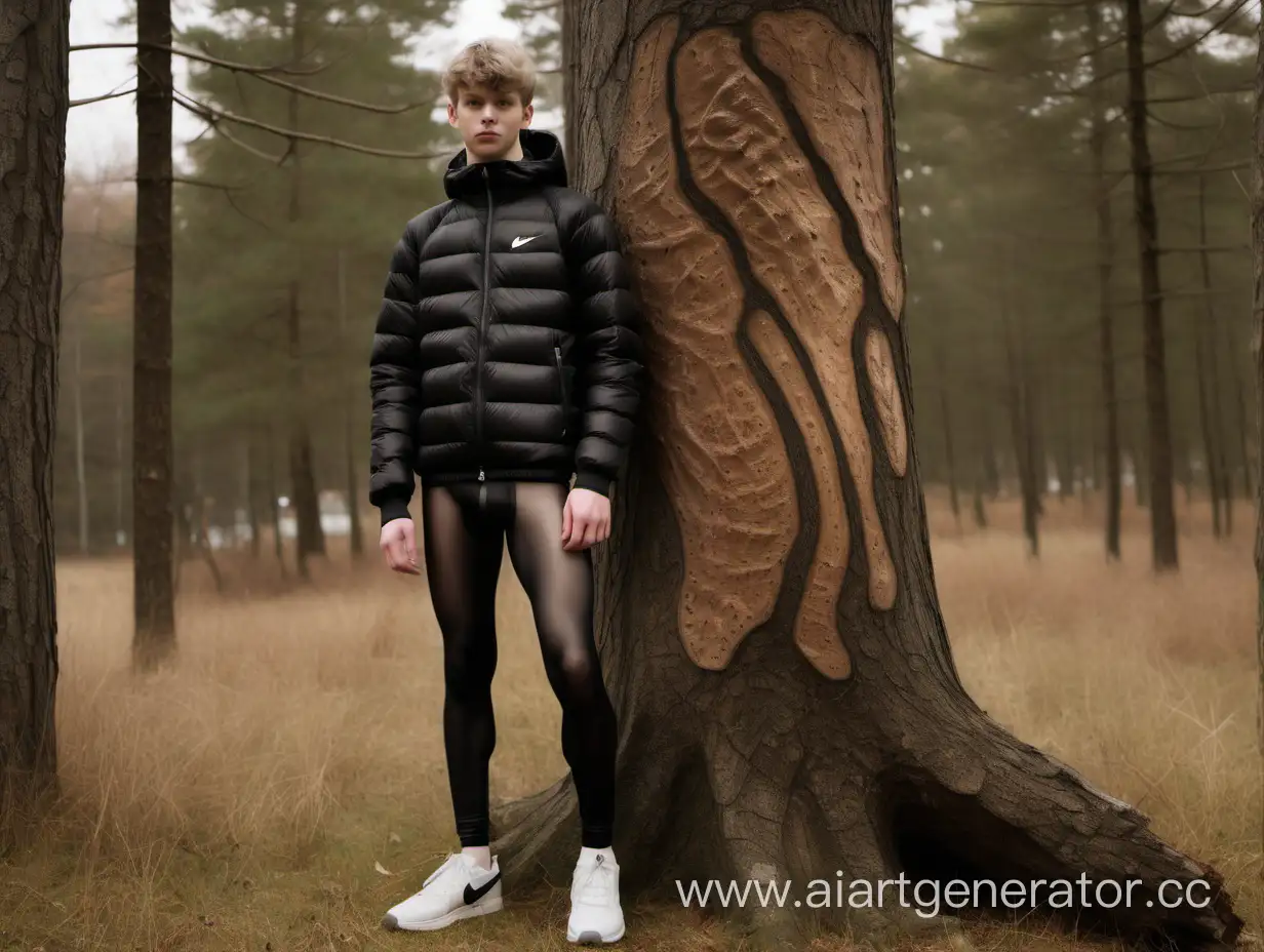 un garçon suédois agé de 19 ans nu, portant des collants en nylon couleur chair translucides et une doudoune noire, portant des sneakers nike, debout contre un tronc d'arbre 