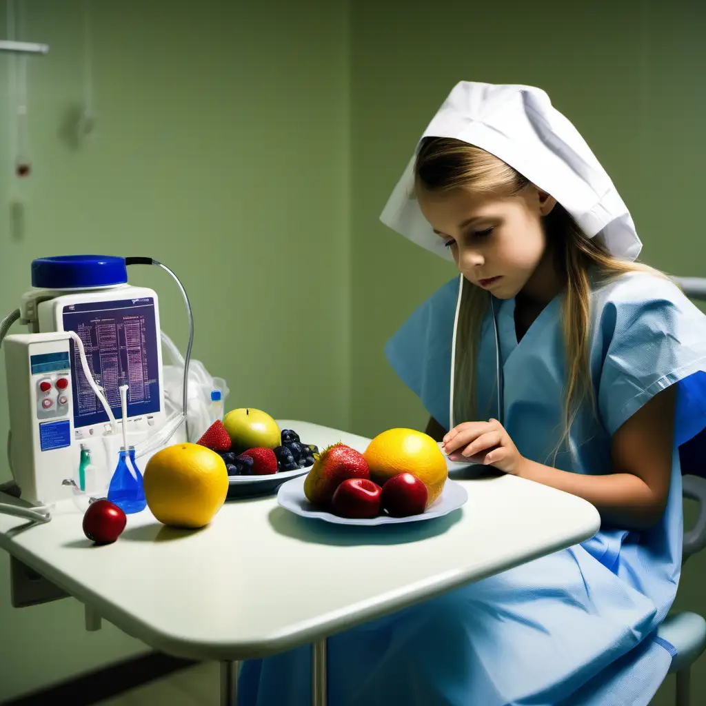 Girl in Hospital Gown with Fruit Platter and IV Drip