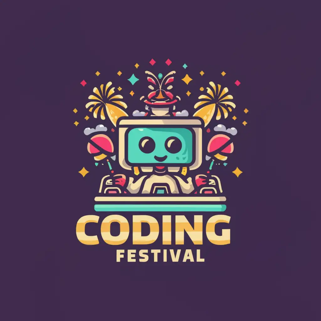 a logo design, with the text 'coding festival', main symbol: the student on the computer is a robot making it difficult. In the background, there are balloons resembling a celebration and fireworks, Moderate, to be used in Education industry, clear background