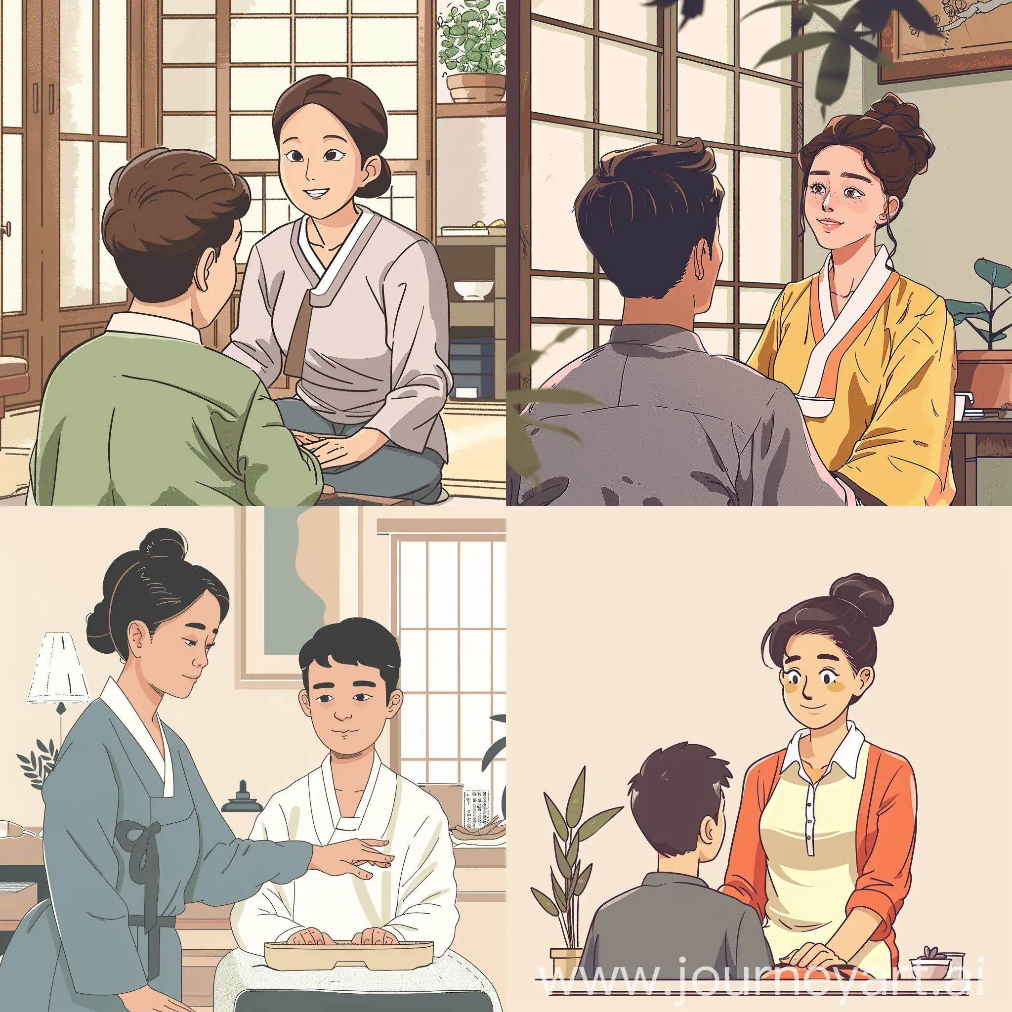  A Korean woman is telling a young man about the techniques of massage, illustrated in cartoon comics 