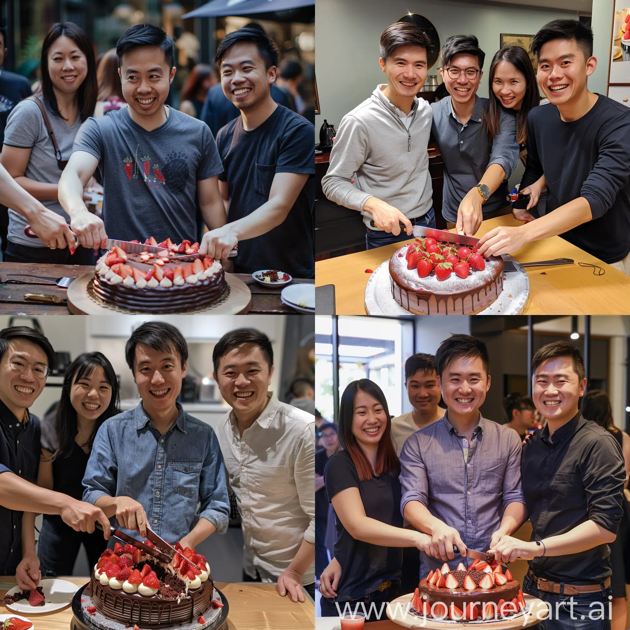 Group photo of 3 asian males and 1 asian female at a birthday where the guy cuts a strawberry chocolate cake 