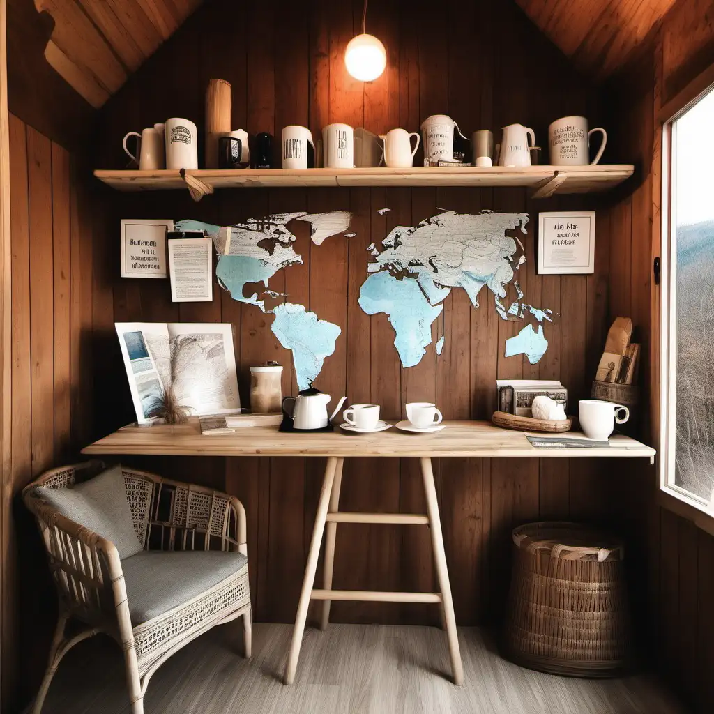 make a coffee corner in airbnb cabin with a theme travel and keep it real, with maps, book,s coffee, tea stand all that - theme of scandinavian