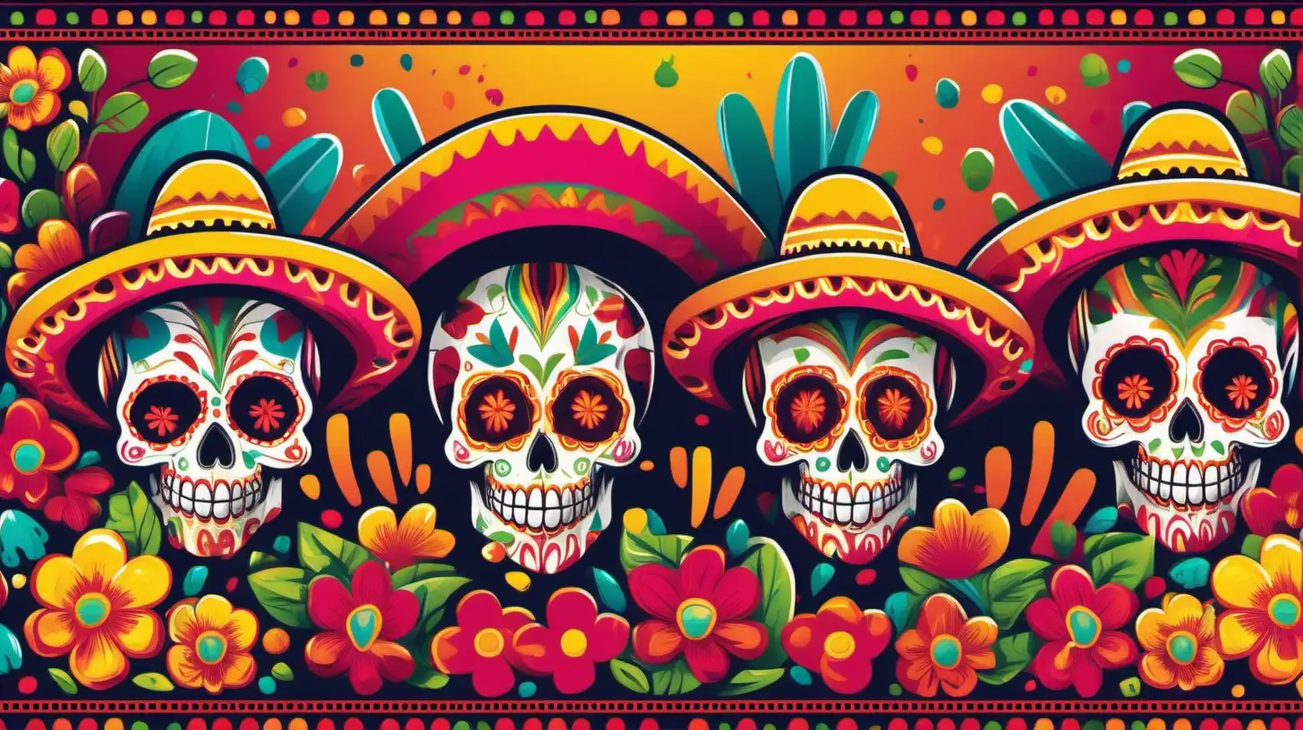 Cinco de Mayo-inspired skulls, presented in a vibrant and colorful style in a 16:9 aspect ratio