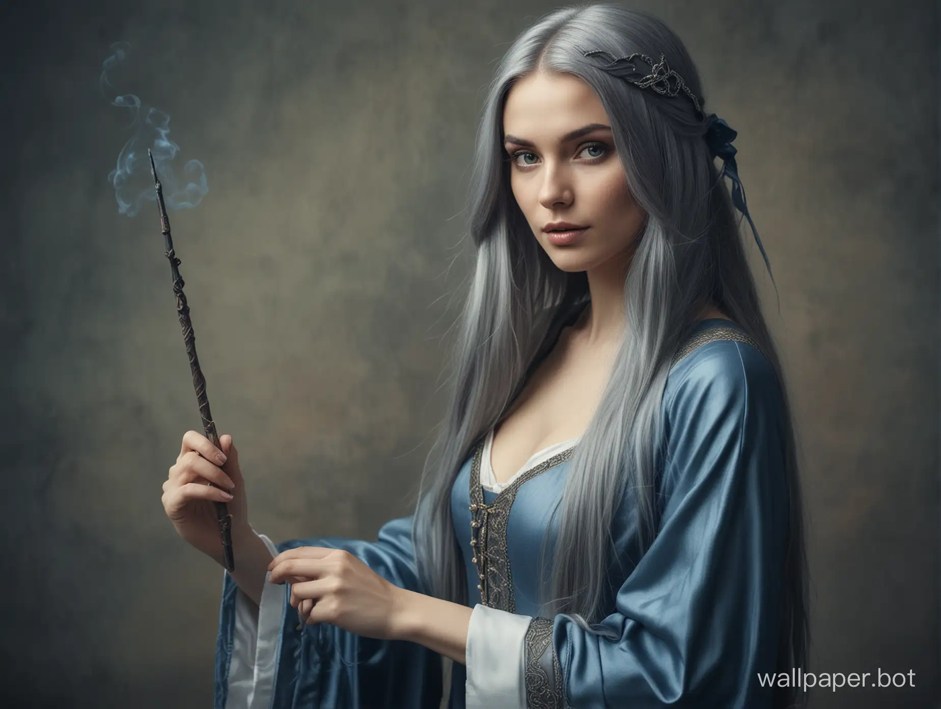 Medieval female magician, beautiful European woman, slender figure, blue-gray long hair, old robe, holding an ink wand, distant shot, muted tones, exquisite facial details, lifelike