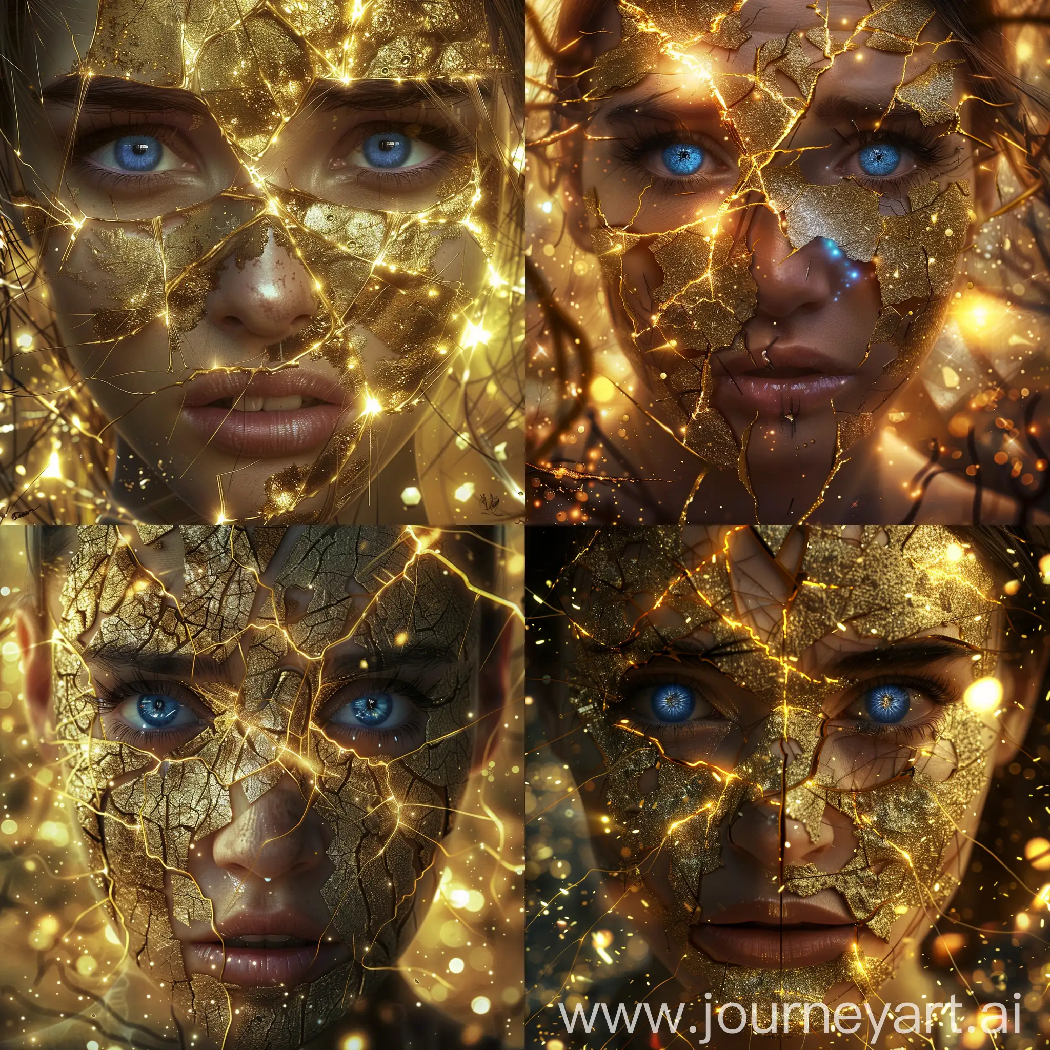 a wonderful breathtaking surreal image of a beautiful woman with sad blue eyes and a cracked beautiful face with golden repairings with shiny golden dendritic glue among the cracks of the face, ultradetailed image, hyperdetailed golden , sparkling illuminated background