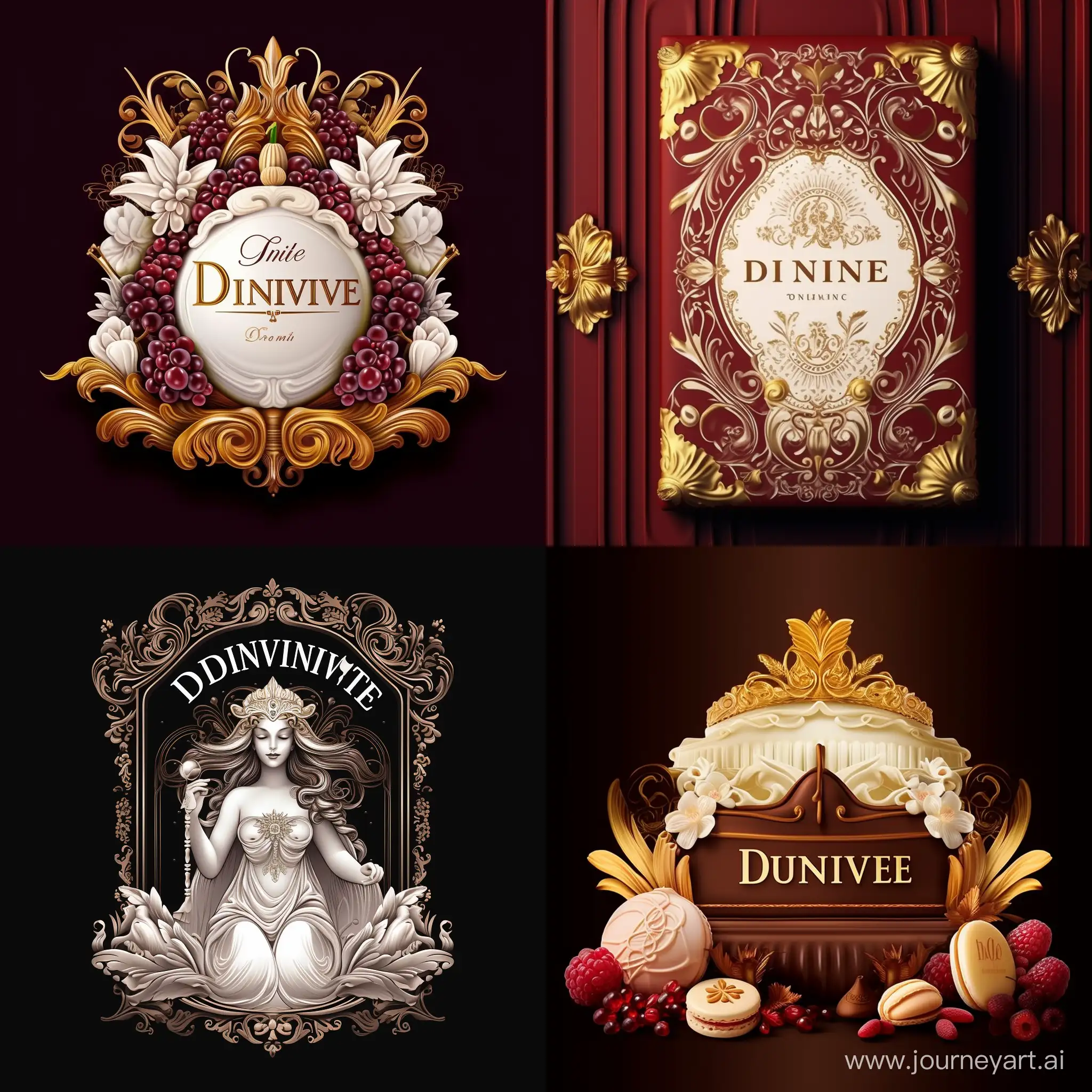 Create a flat vector logo for the confectionery brand “DIVINE”. Visualize the word “DIVINE” in large, bold, large, English font. There should be no other designations or words on the logo. The color palette should predominantly consist of brown, burgundy and white, complementing the overall luxurious ambiance.