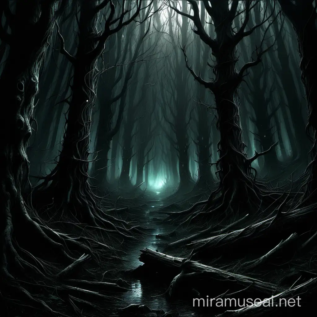 Mystical Dark Fantasy Forest Scene with Enigmatic Aura