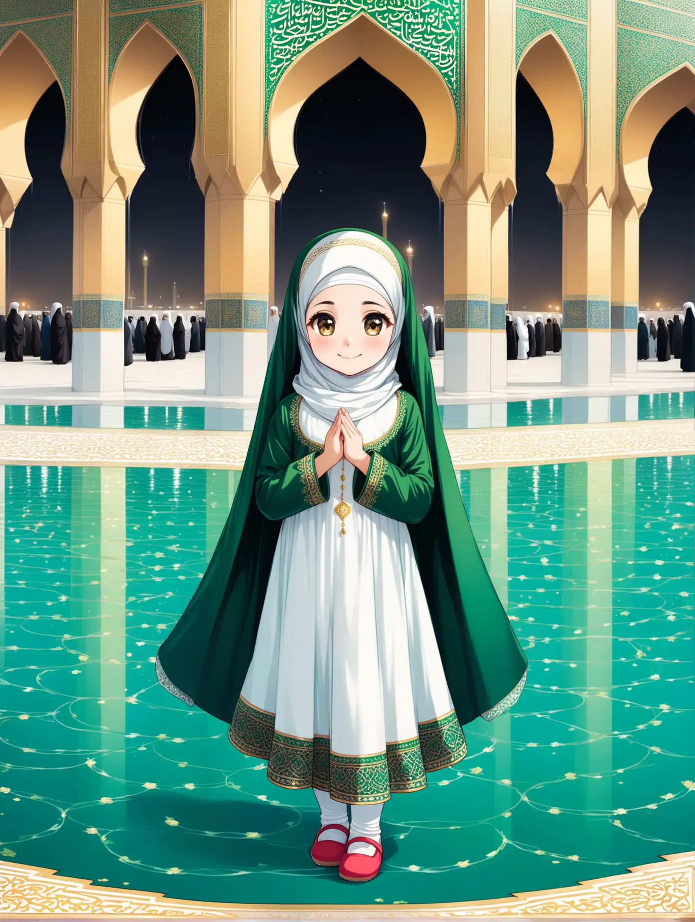 Character Persian little girl(full height, proudly, Muslim, with emphasis no hair nor neck out of veil(Hijab), smaller eyes, bigger nose, white skin, cute, smiling, wearing socks, clothes full of Persian designs).

Atmosphere shrine of Imam Reza Yard, water, nobody.