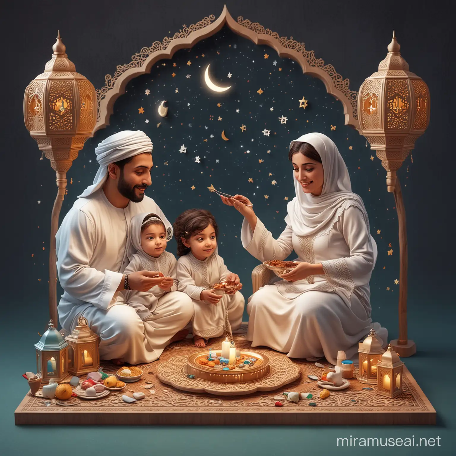 arabic parents with their kids, in ramadan, 3d art 