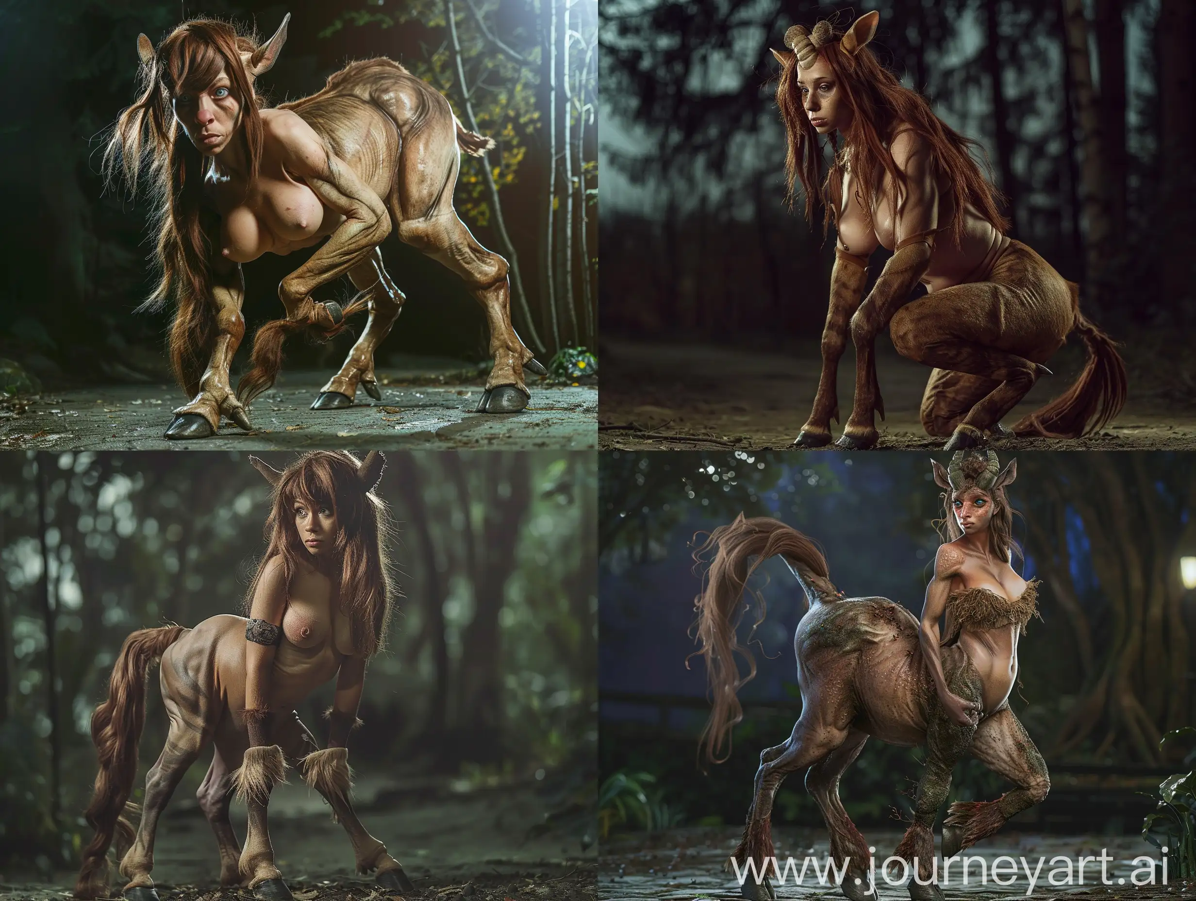 A female centaur. She has hooves, breast and a tail. She has loose brown hair. She is standing on all fours in a forest at night. Realistic photograph, full body picture