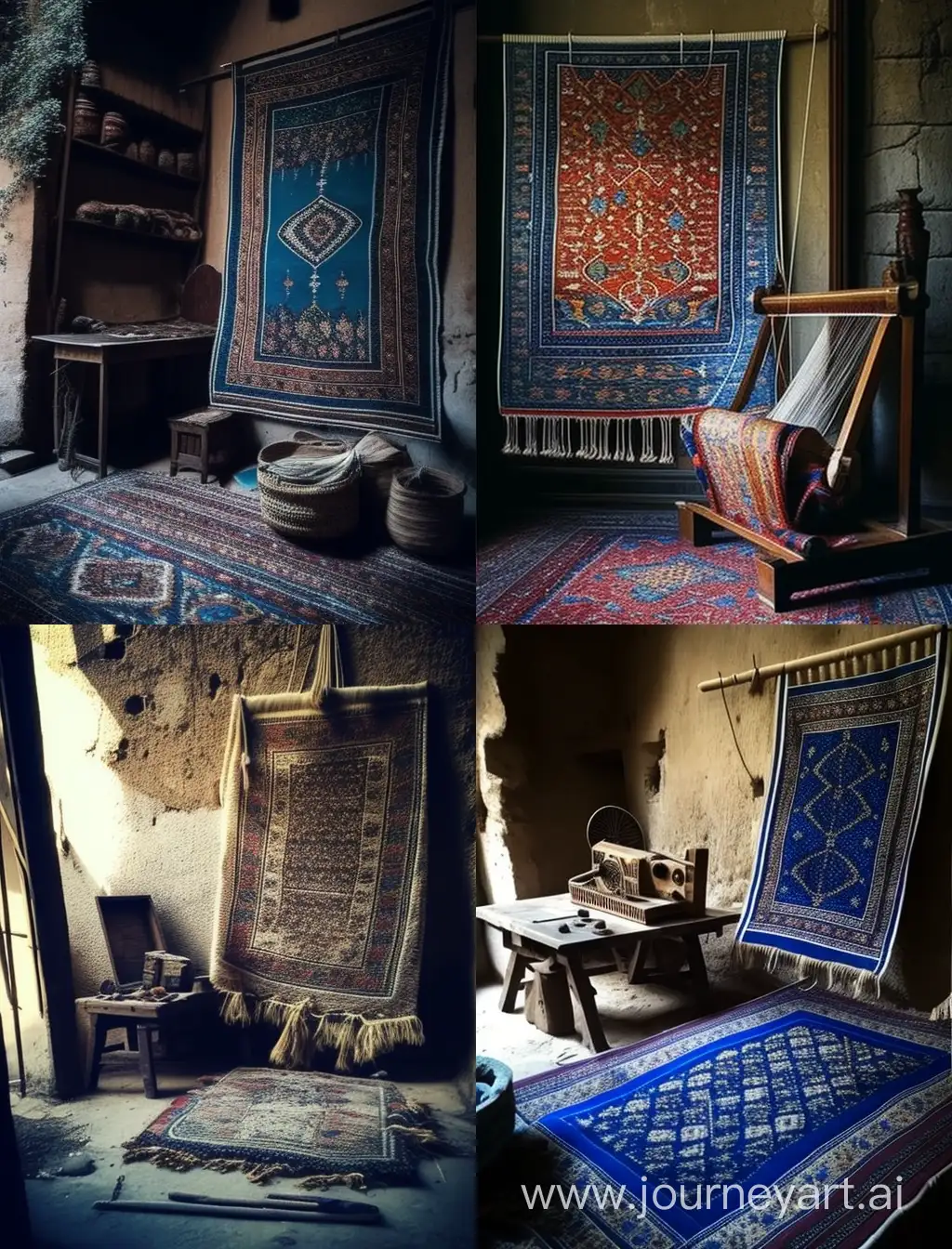 Iranian carpet that is half woven on the carpet and leaning against the old wall in the interior of the house, the carpet weaving tool is also in the picture, the highest quality. / ar 9:16