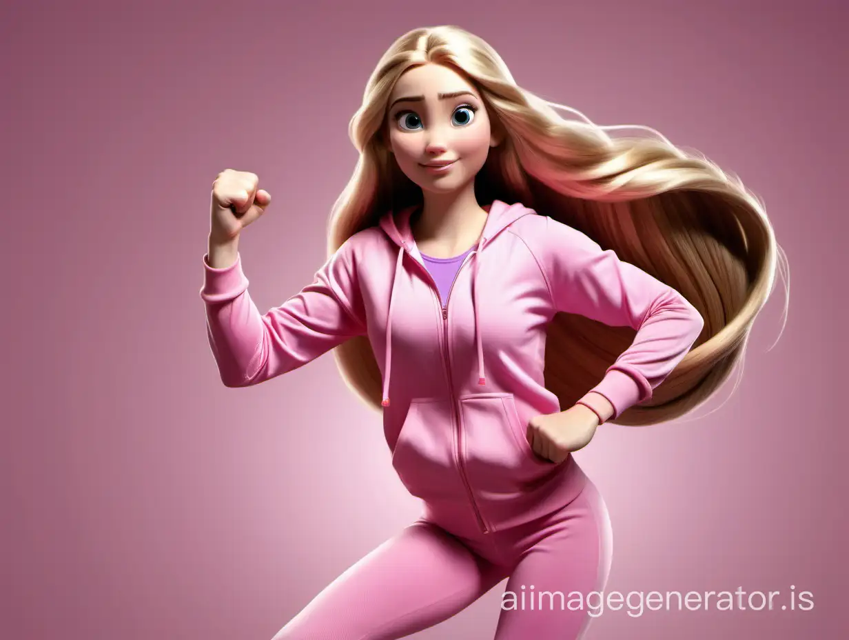 Disney princess Rapunzel in a pink sportswear, resembling a real modern girl, holds fist up, long hair, identical eyes, realistic photo, 5 fingers on hands, symmetrical proportions, proper grip of jump rope handles, realistic pose, HD quality, expression of victory and joy