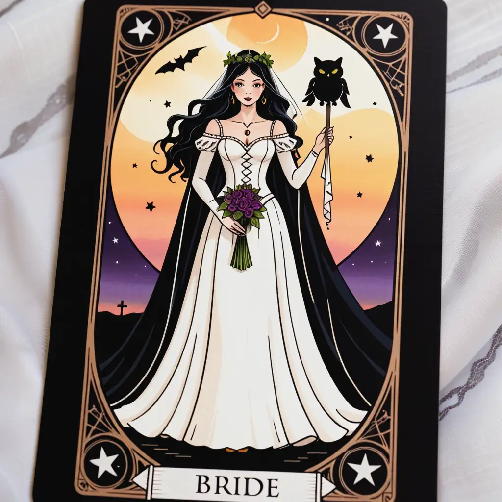 A tarot card that says the bride and features a witchy bride